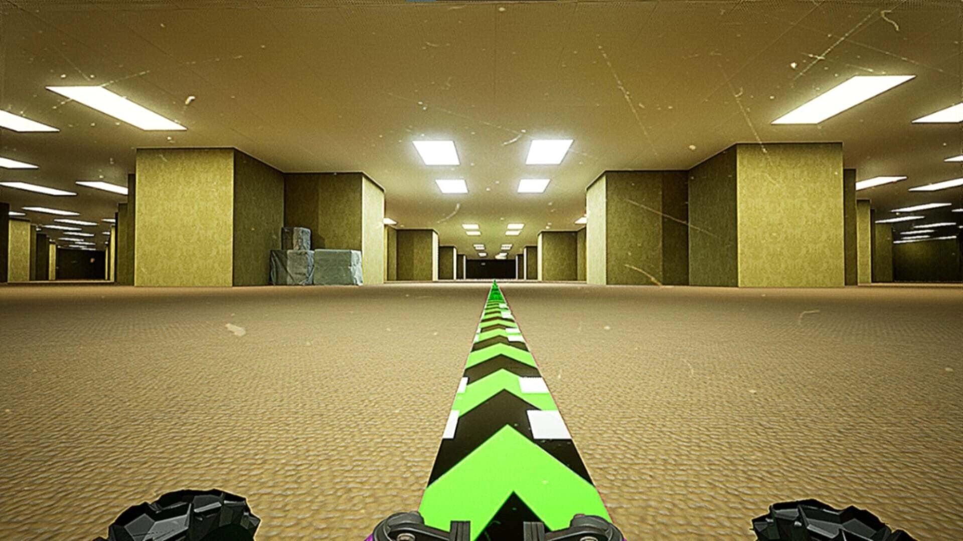 Tape 101: RC car navigating a dimly lit corridor with green arrows on the floor guiding the path