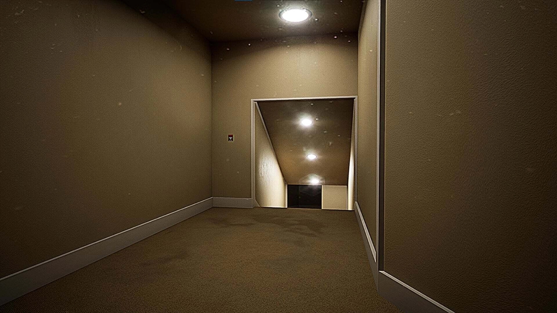 Tape 101: Dimly lit beige hallway with overhead lights leading to a darkened doorway in liminal space