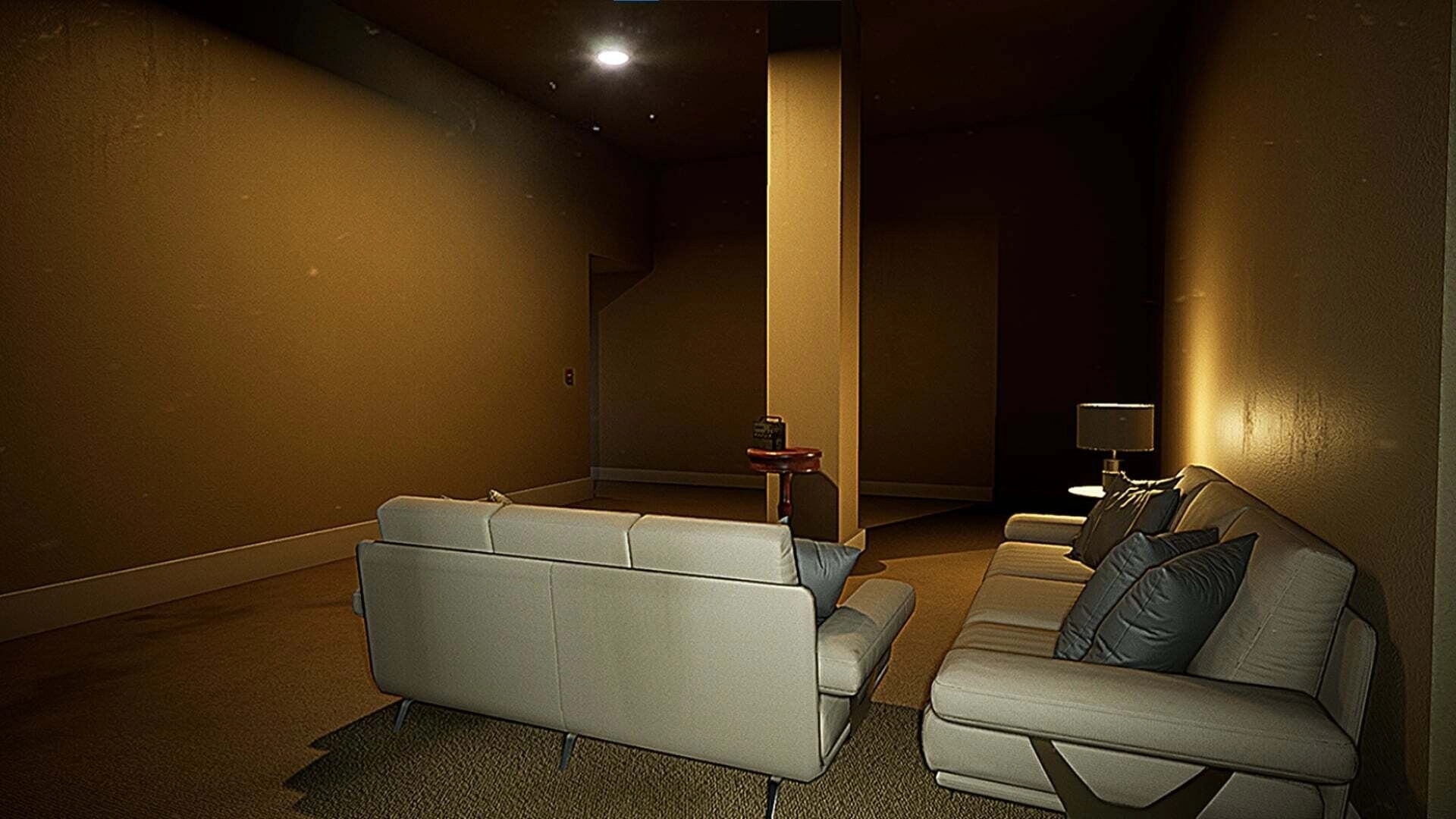 Tape 101: Dimly lit room with two sofas, a lamp, and a small table in a shadowy corner environment