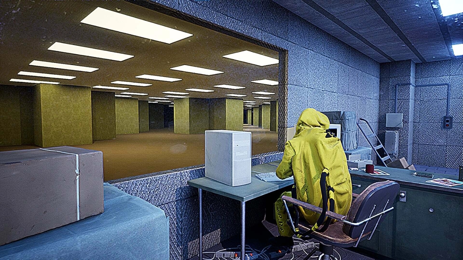 Tape 101: Character in yellow hazmat suit at desk with computer, facing an endless hallway with lights