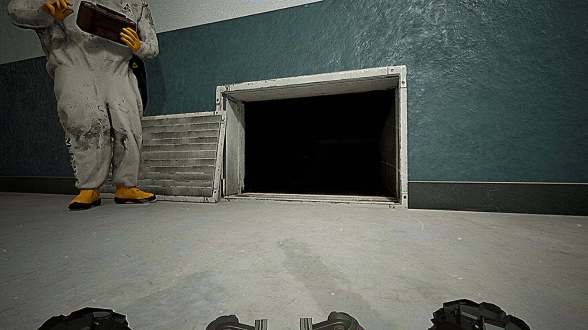 Tape 101: Person in protective suit holding device near open vent in industrial hallway with RC car view