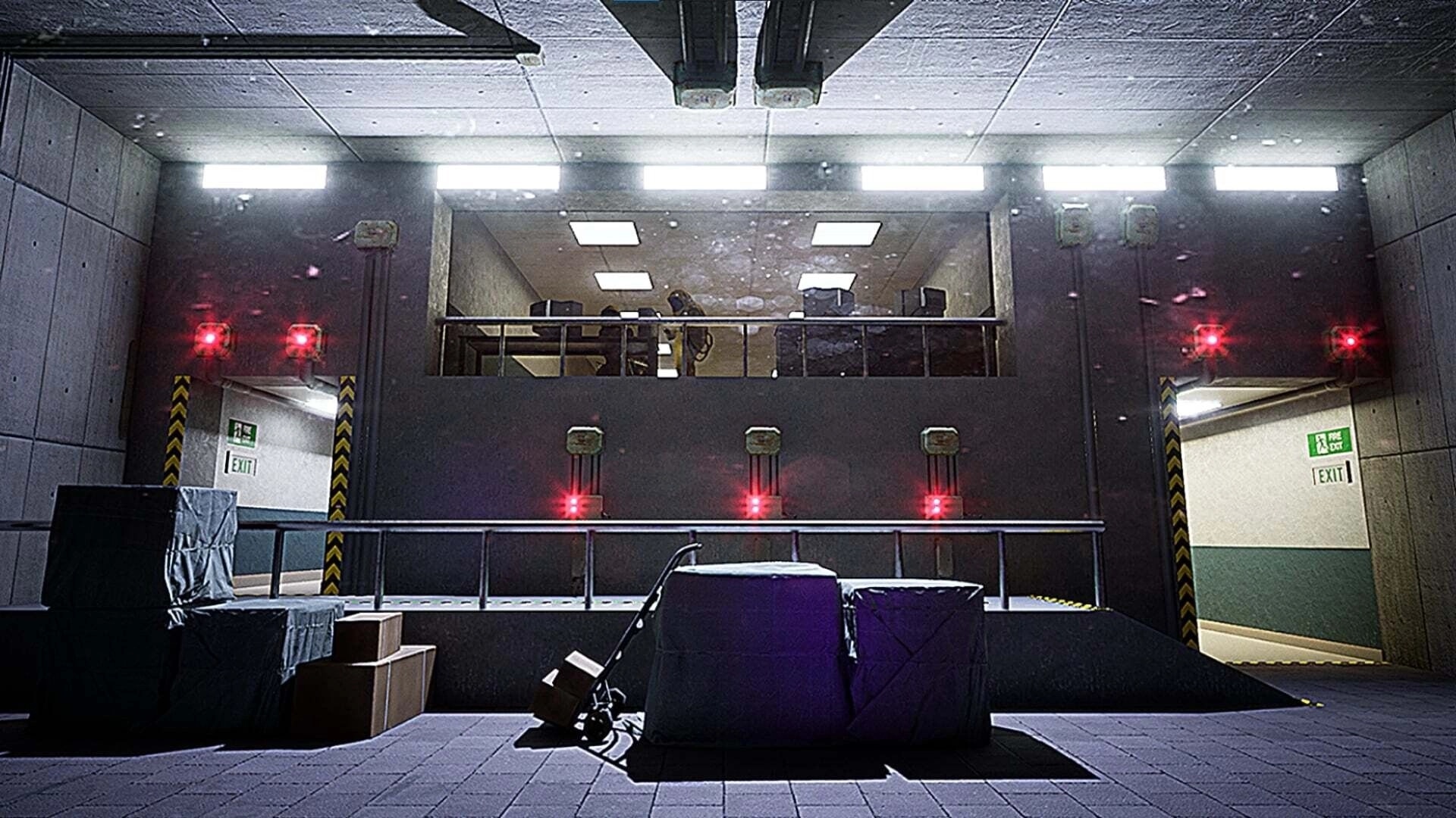Tape 101: Dimly lit underground corridor with exit signs and stacked crates near a surveillance room