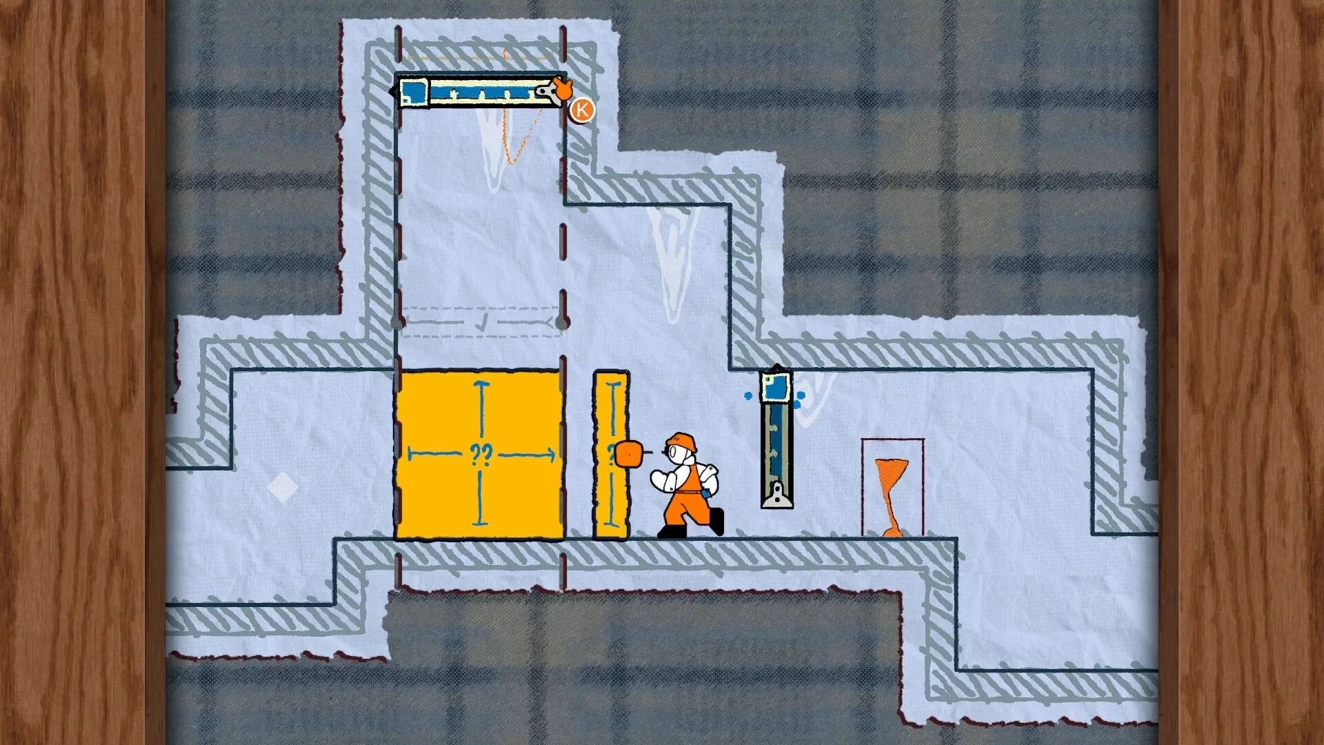 Tape Man: Hard-hat hero pushes a yellow tape block in an icy maze room with a timer door and UI bar.