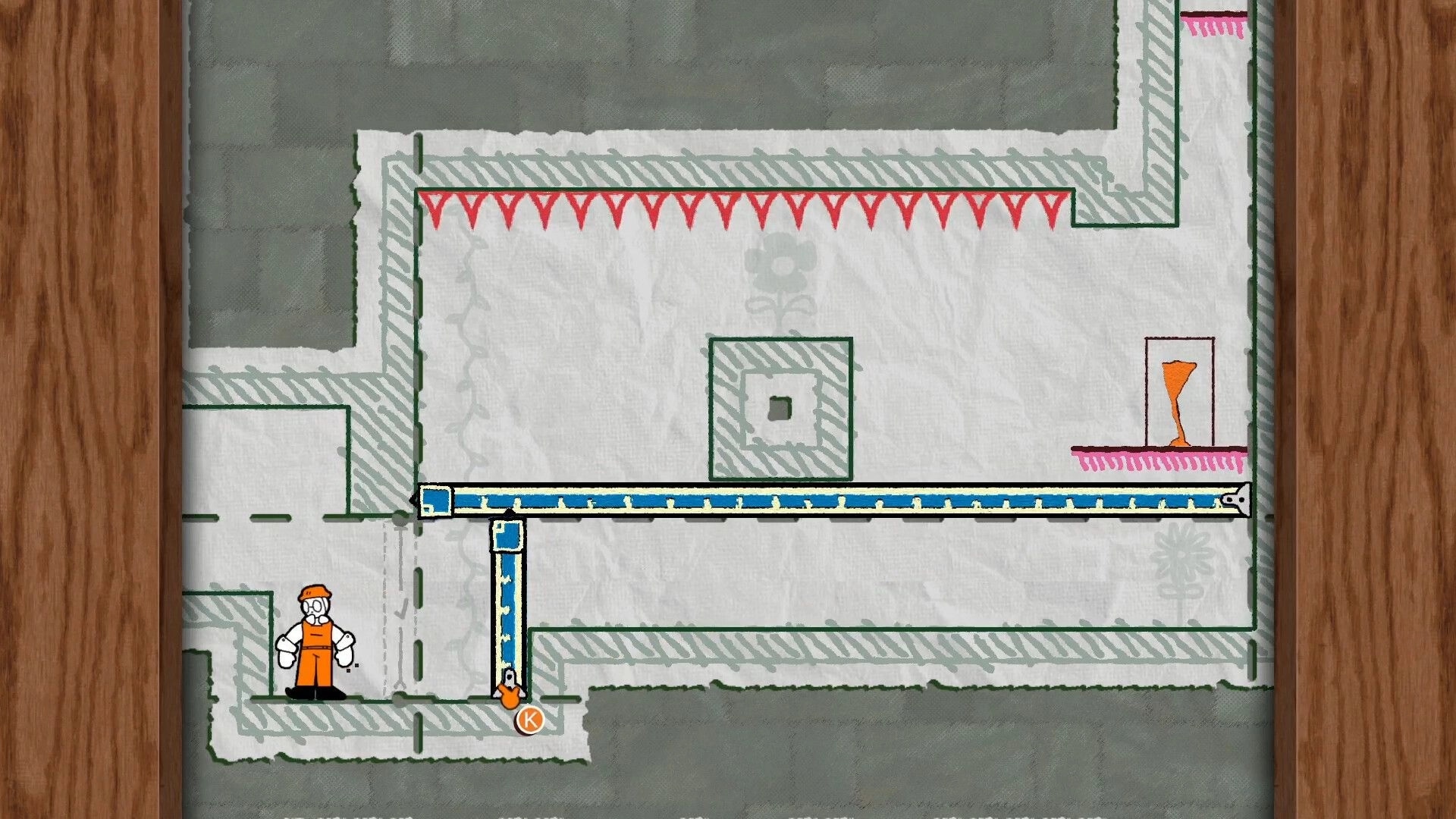Tape Man: Worker stands by a wall as a blue measuring tape bridge reaches a goal flag in maze room.
