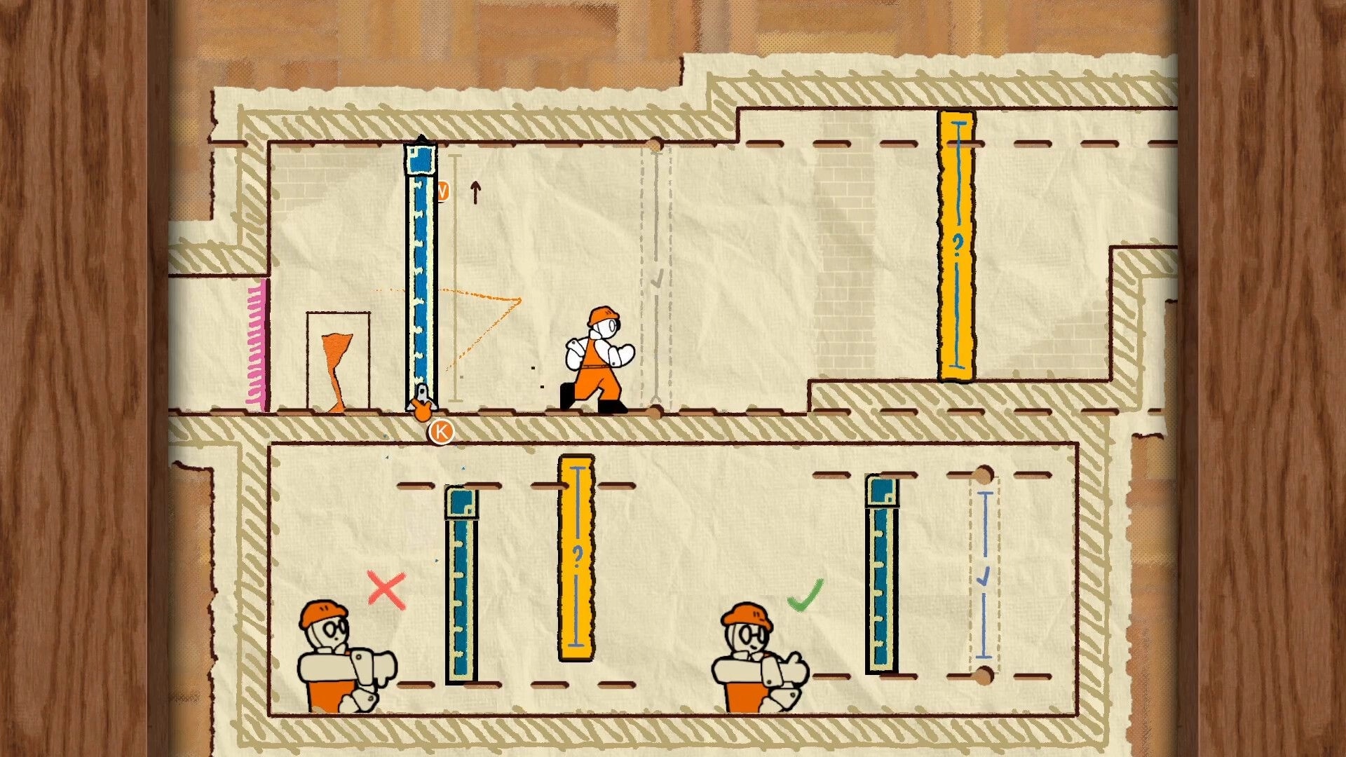 Tape Man: Worker character runs past tape pillars and hint icons in a hand-drawn maze corridor.