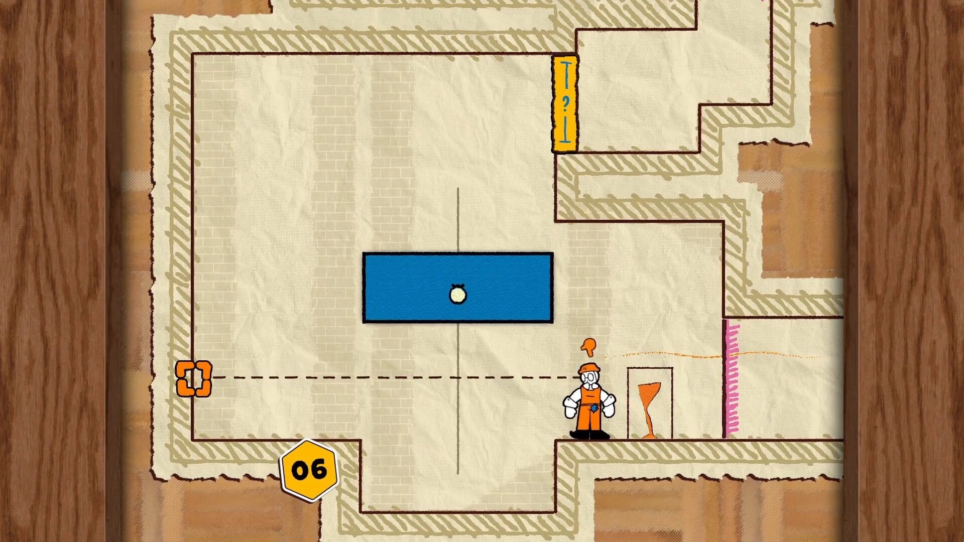 Tape Man: Character aims measuring tape across room toward wall switch in paper-textured maze level 06.