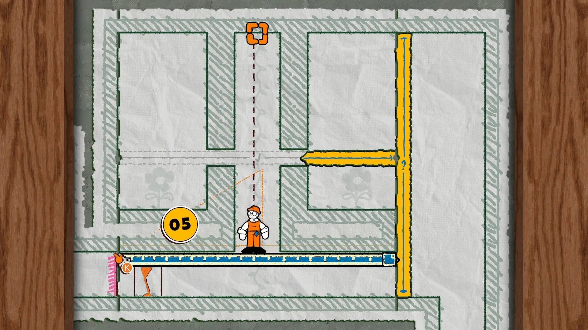 Tape Man: Worker stands on extended tape platform beside yellow barrier in sketchy maze level 05.