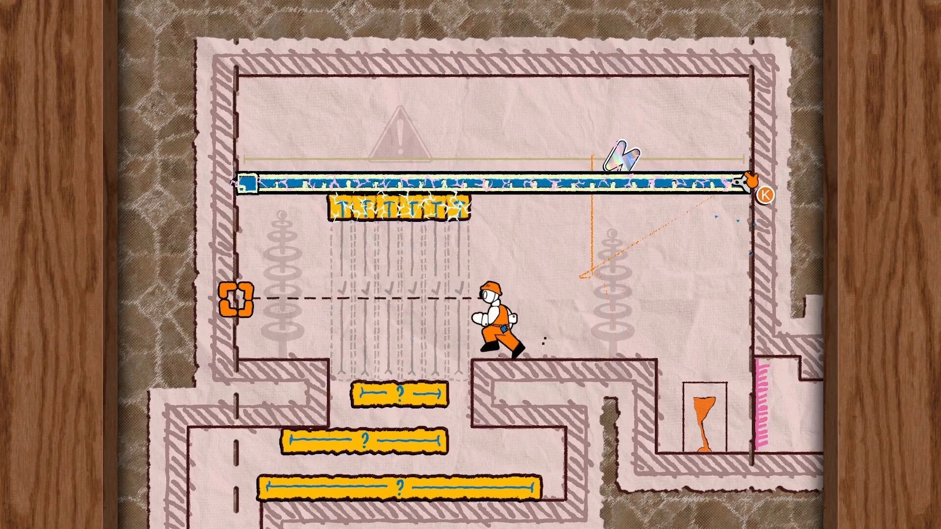Tape Man: Worker runs past hanging tape platforms in sketchy maze room with aim line and K icon.