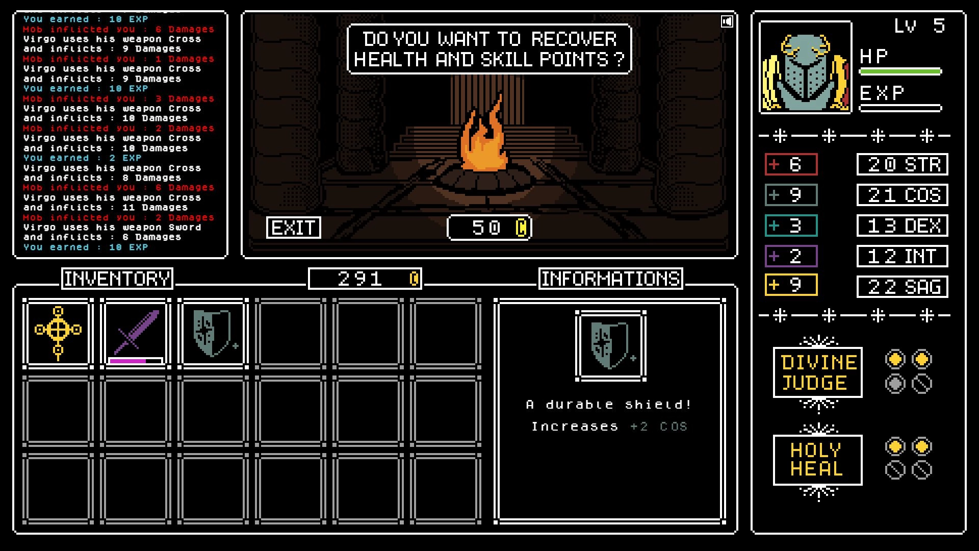 Tartarus: Rest prompt at a bonfire with inventory and stats panels inside a dark stone dungeon room.