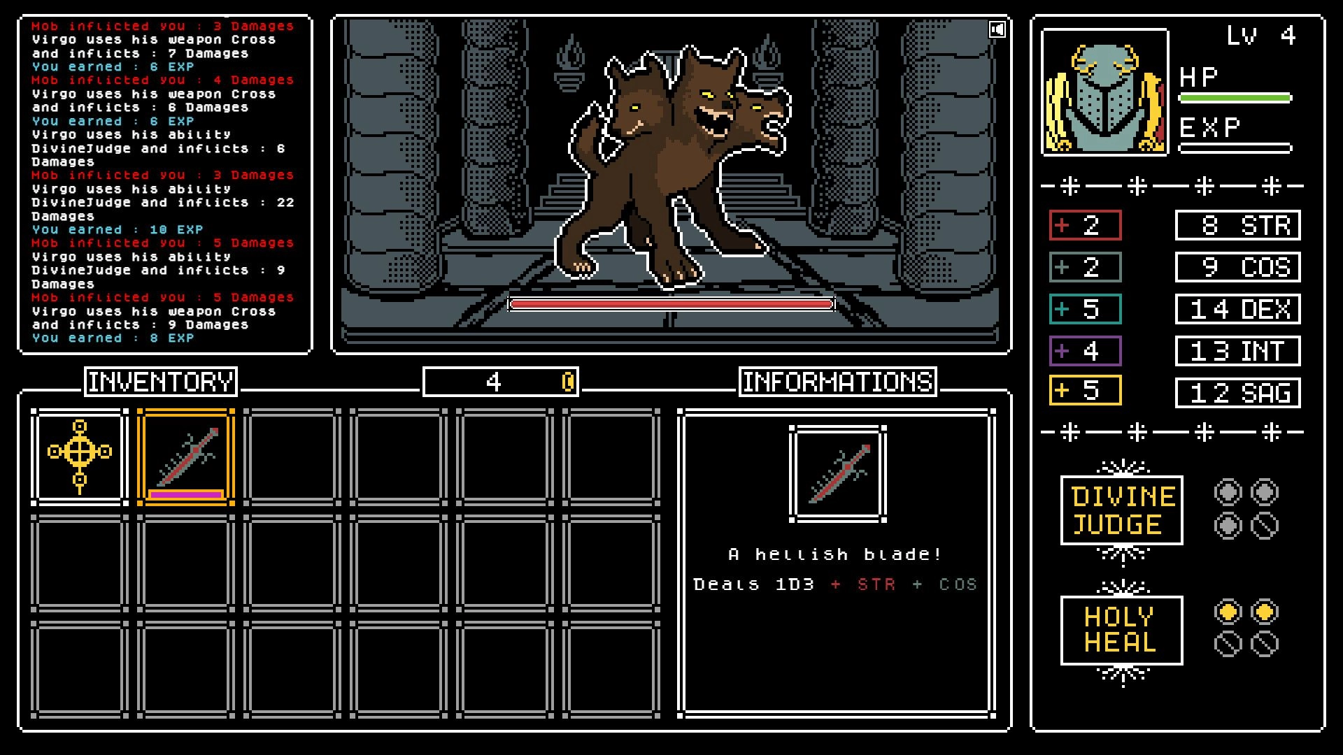 Tartarus: Three-headed beast combat in stone dungeon, with inventory grid and stats panel UI.