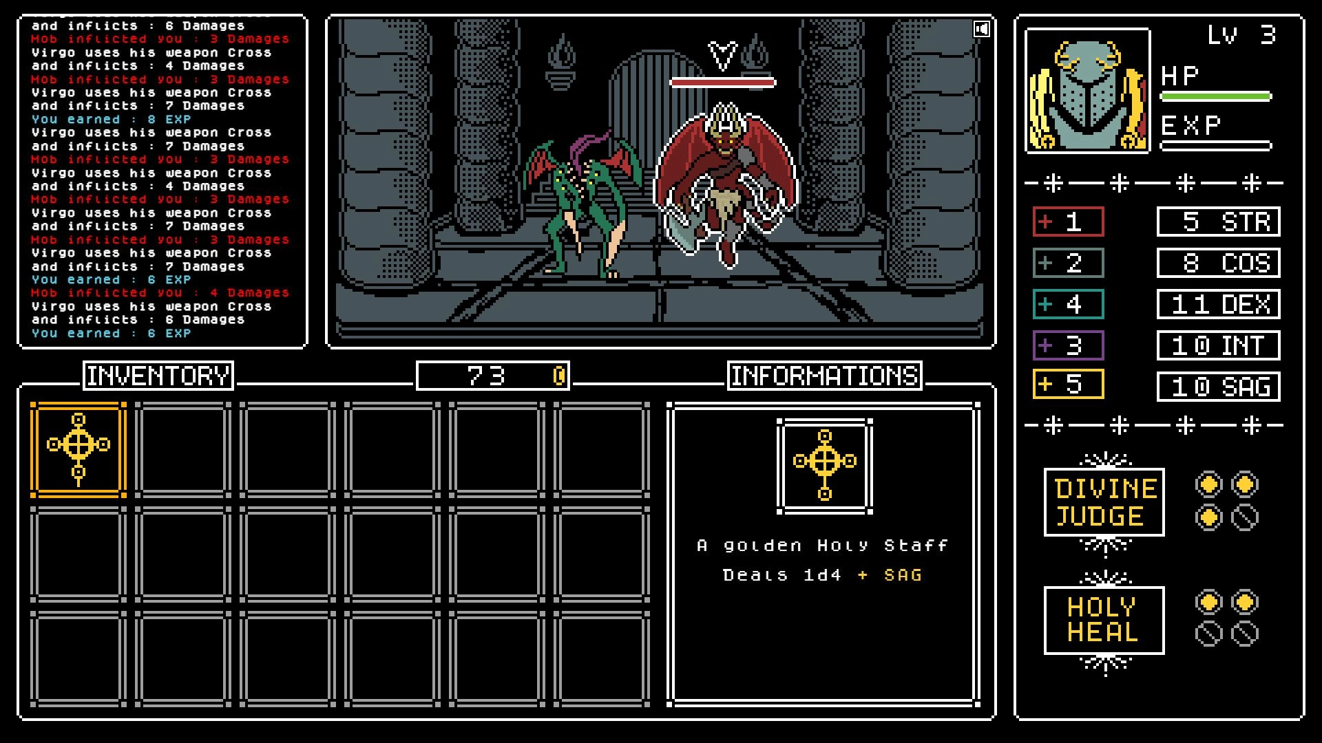 Tartarus: Inventory open after combat, Holy Staff selected, stats and skills shown in stone dungeon hall.