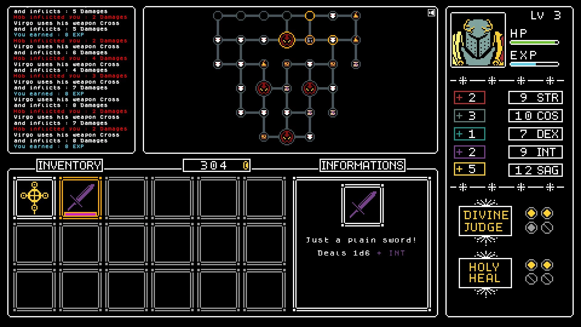 Tartarus: Inventory and dungeon map UI with combat log, sword details, and level 3 stats panel.