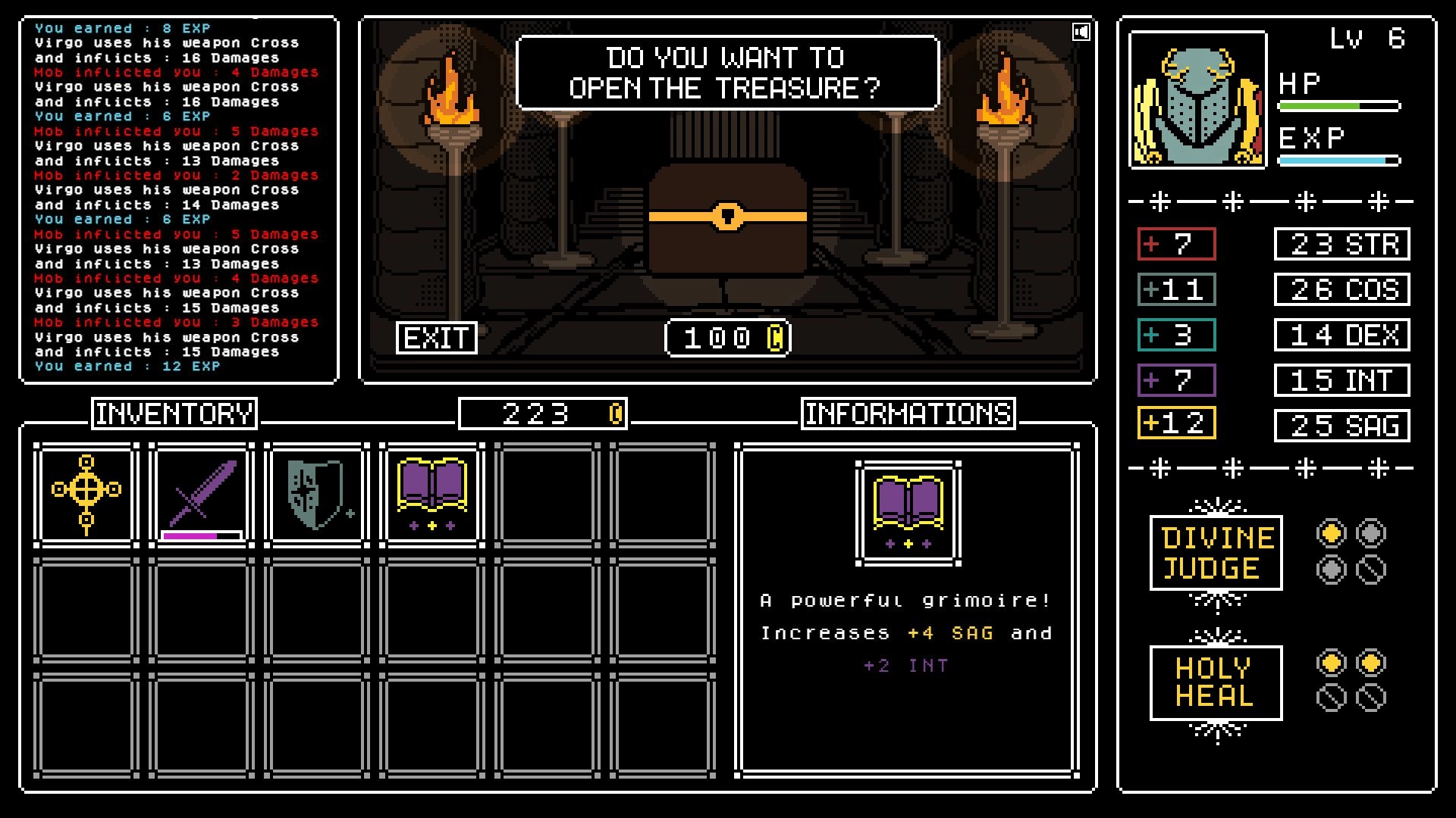 Tartarus: Treasure chest prompt with inventory grid and stats panel in a torchlit dungeon room UI.