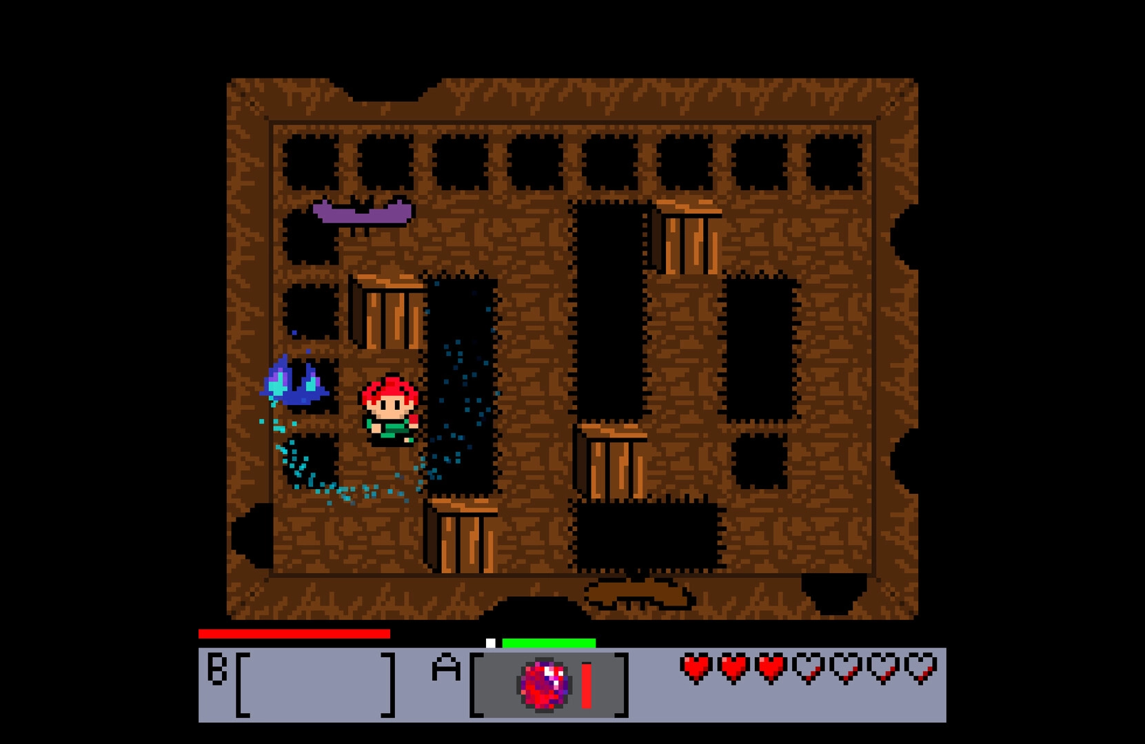 Tashio Tempo: Red-haired hero dodges a blue wisp in a dirt cave maze with hearts and item HUD.