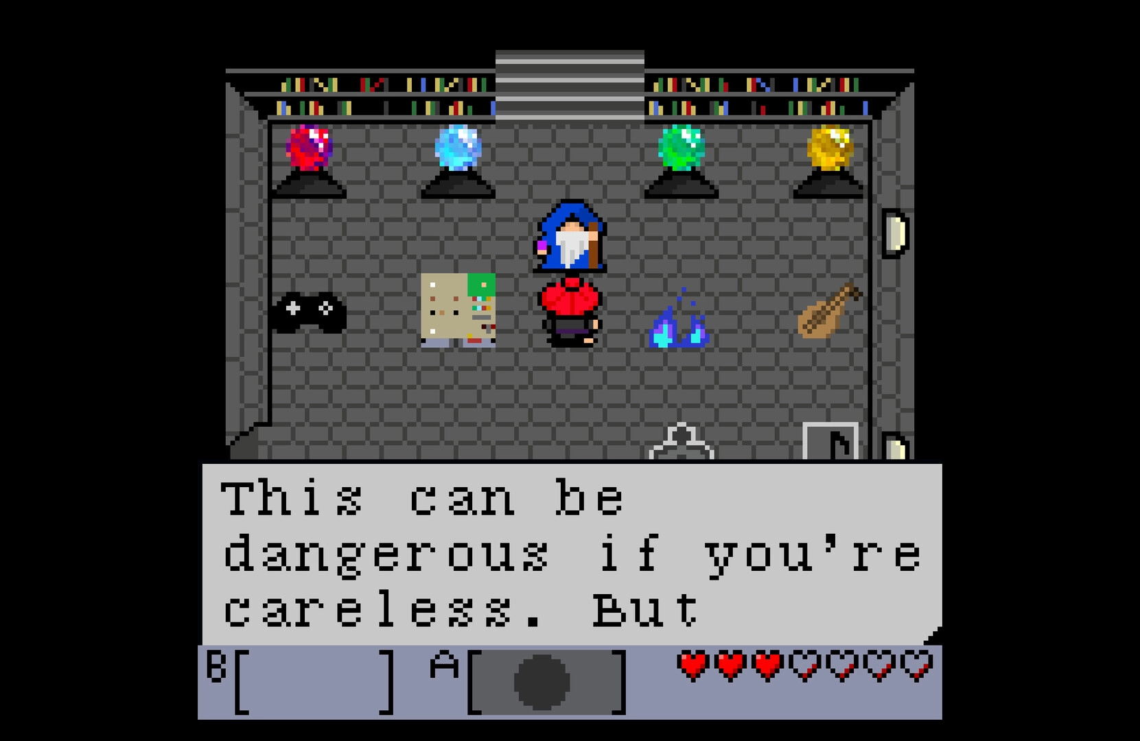 Tashio Tempo: Dialogue box warning in a stone room with a wizard, gems, map, and lute on floor.