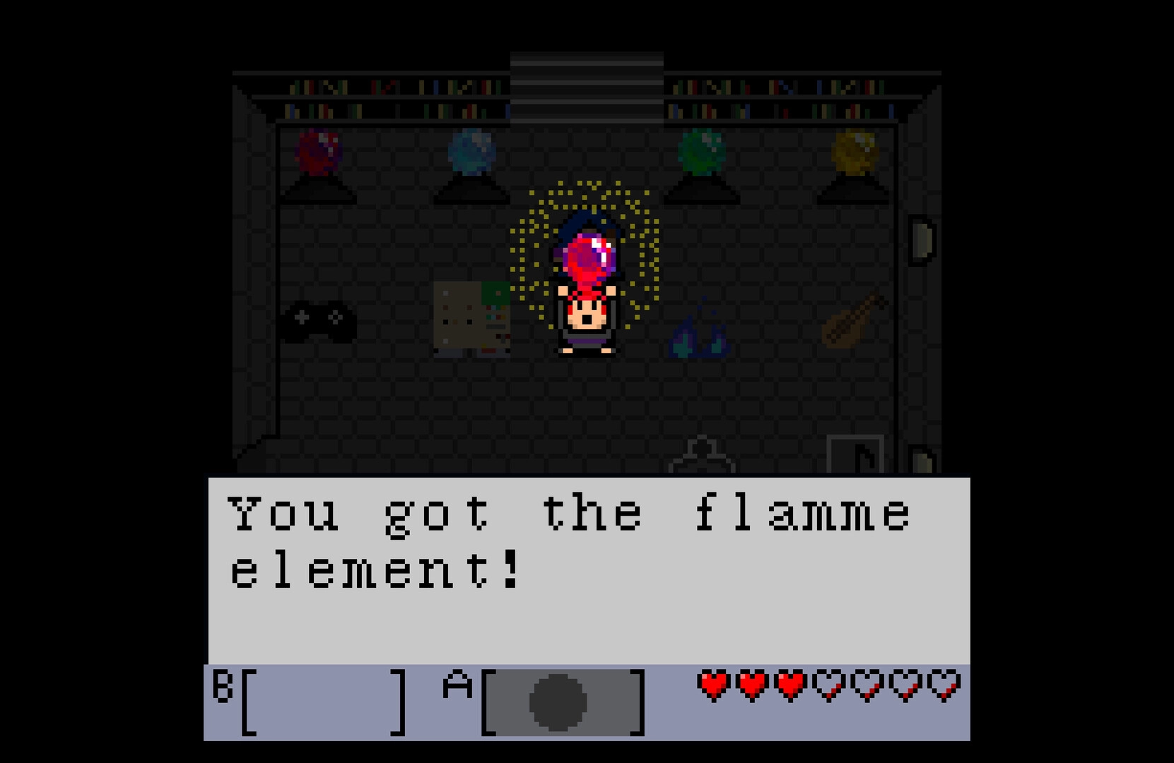 Tashio Tempo: Hero holds a glowing red orb as dialogue says flame element, inside a stone room.