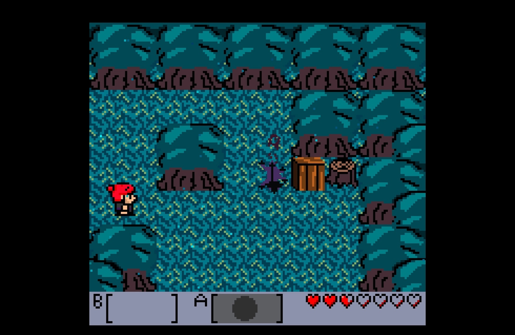 Tashio Tempo: Red-capped adventurer faces a shadowy figure by a crate in a forest clearing HUD hearts below.