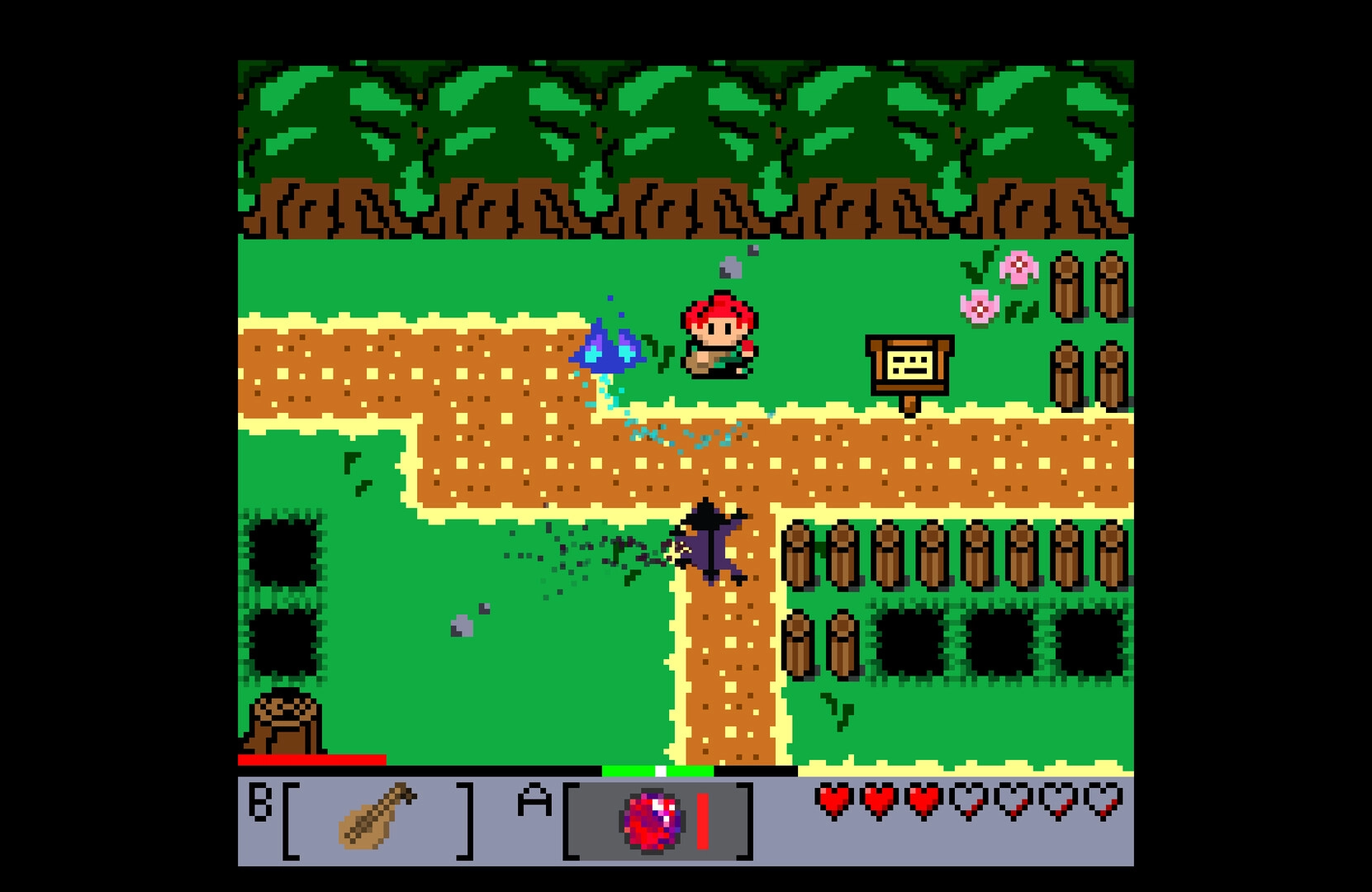 Tashio Tempo: Hero casts blue spell at shadow creature on path in grassy forest with hearts HUD.