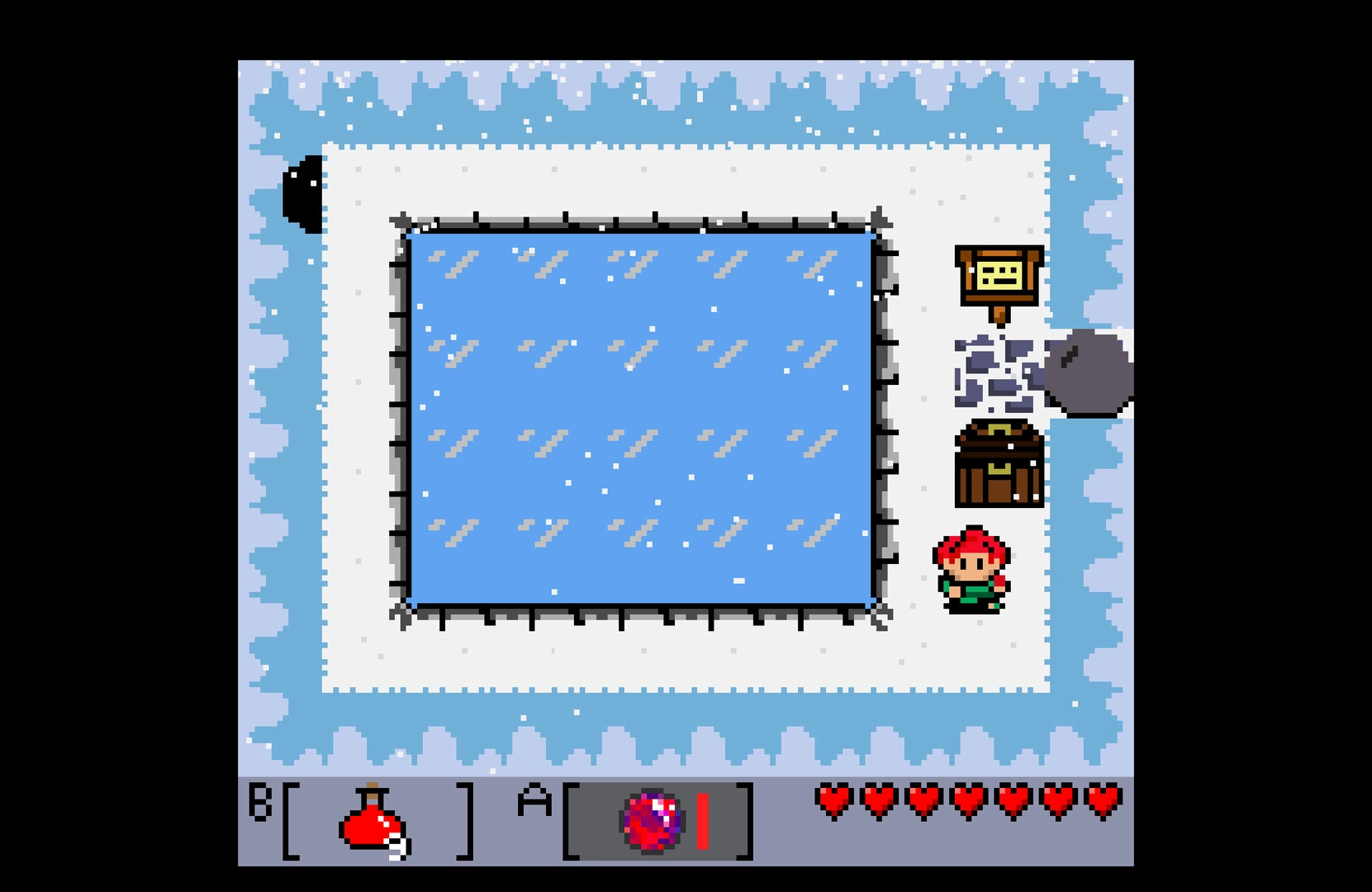 Tashio Tempo: Red-haired hero stands by a chest and sign beside a frozen pond in snowy room.