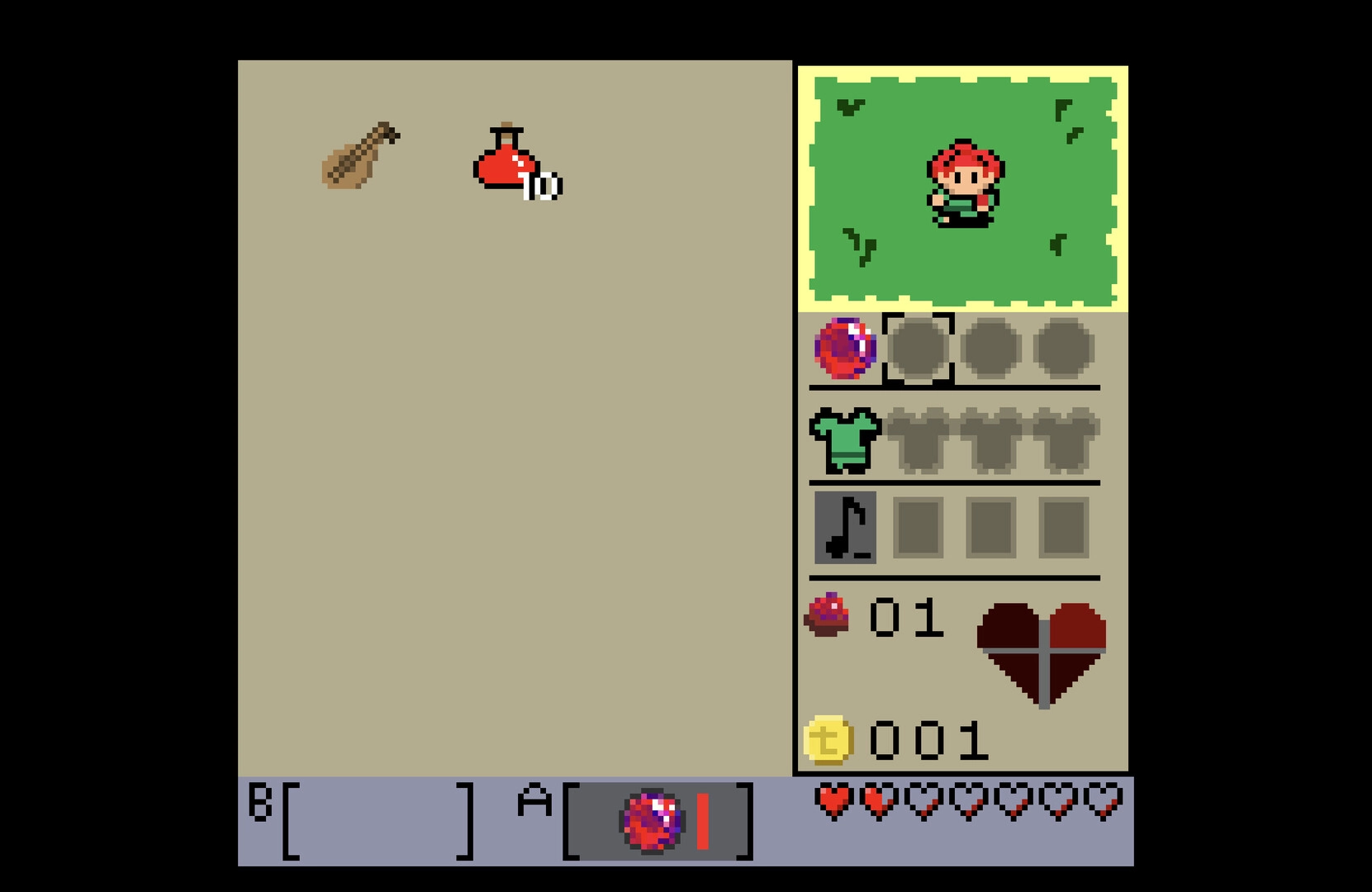Tashio Tempo: Inventory menu with lute and potion icons, character preview and hearts UI on grass screen.