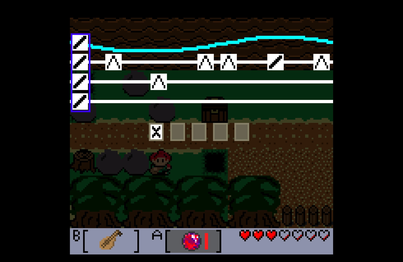 Tashio Tempo: Rhythm note lanes over hero by rocks and stump in forest clearing with hearts UI bar.