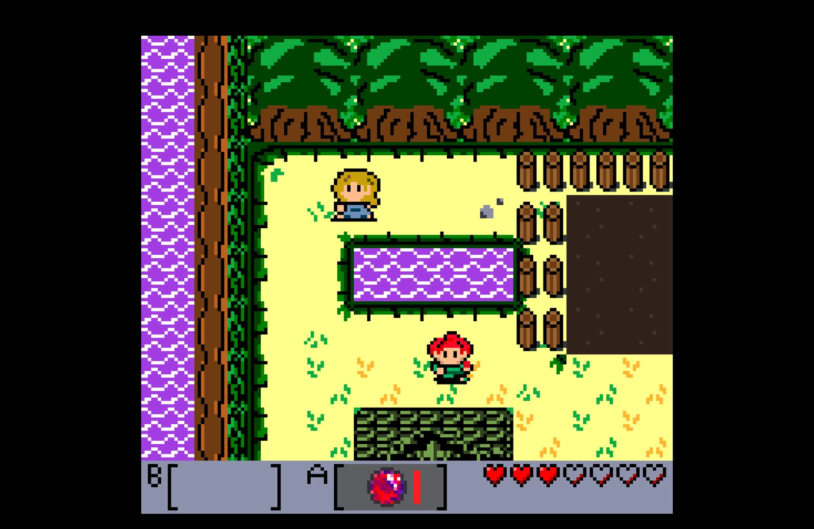 Tashio Tempo: Red-haired hero explores grassy yard by purple canal, hearts and item bar UI visible.