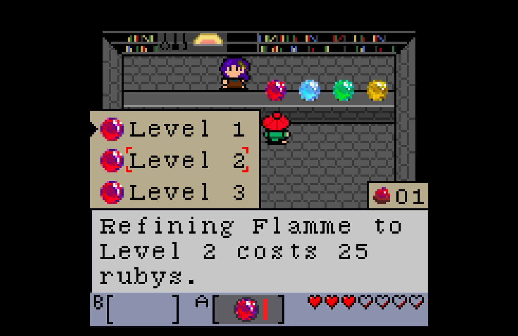 Tashio Tempo: Refining menu selecting Flame Level 2, gem counter and hearts in stone shop interior.