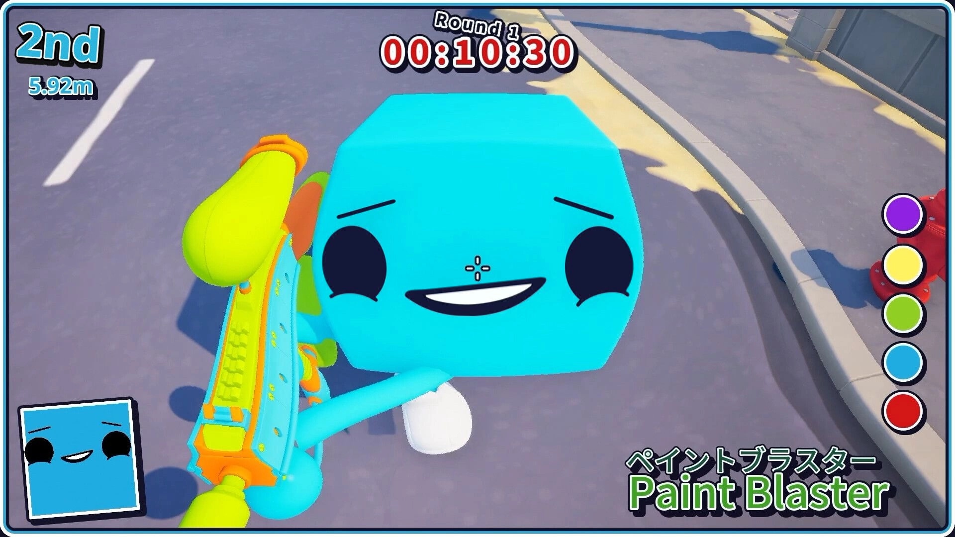 Task Time ⏰: Blue cube character aims a Paint Blaster on a city street with timer and 2nd place UI.