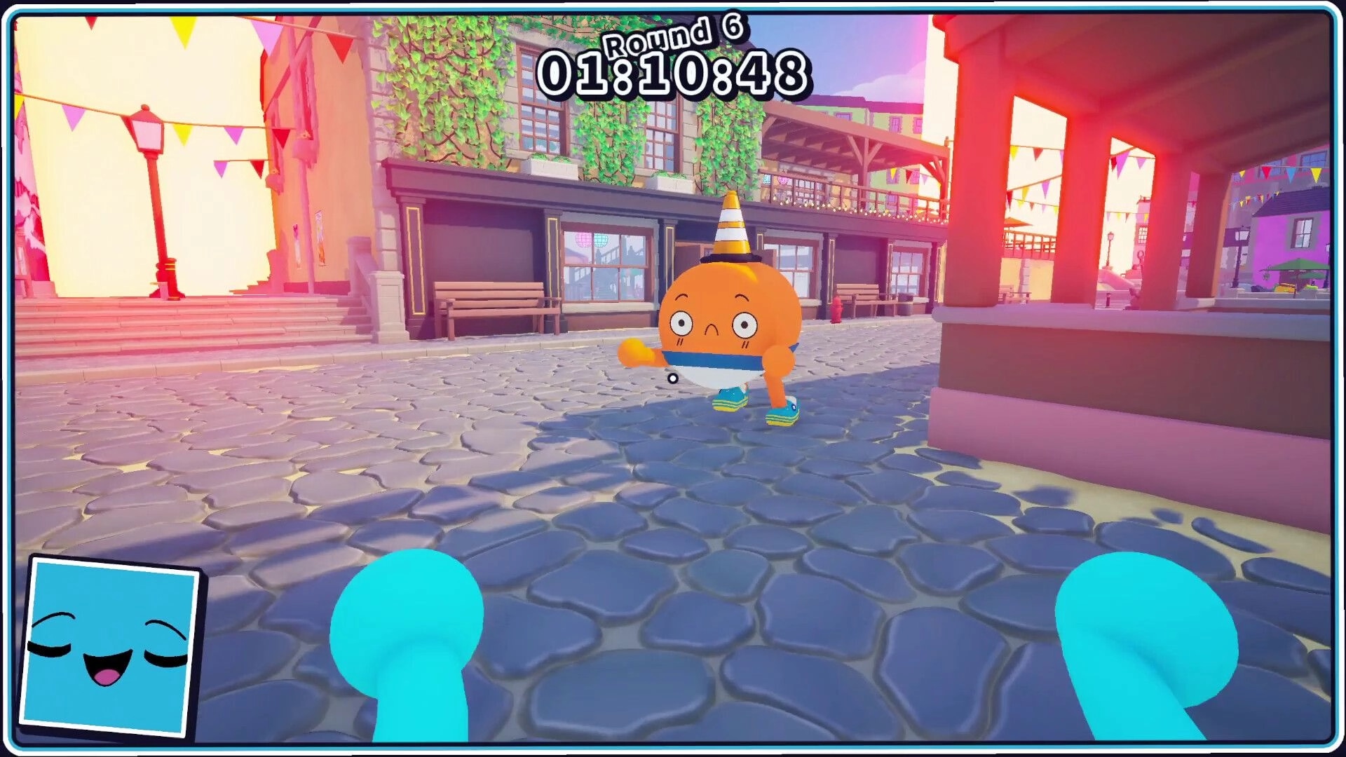Task Time ⏰: First-person view chasing a cartoon runner in a cobblestone plaza, Round 6 timer UI.