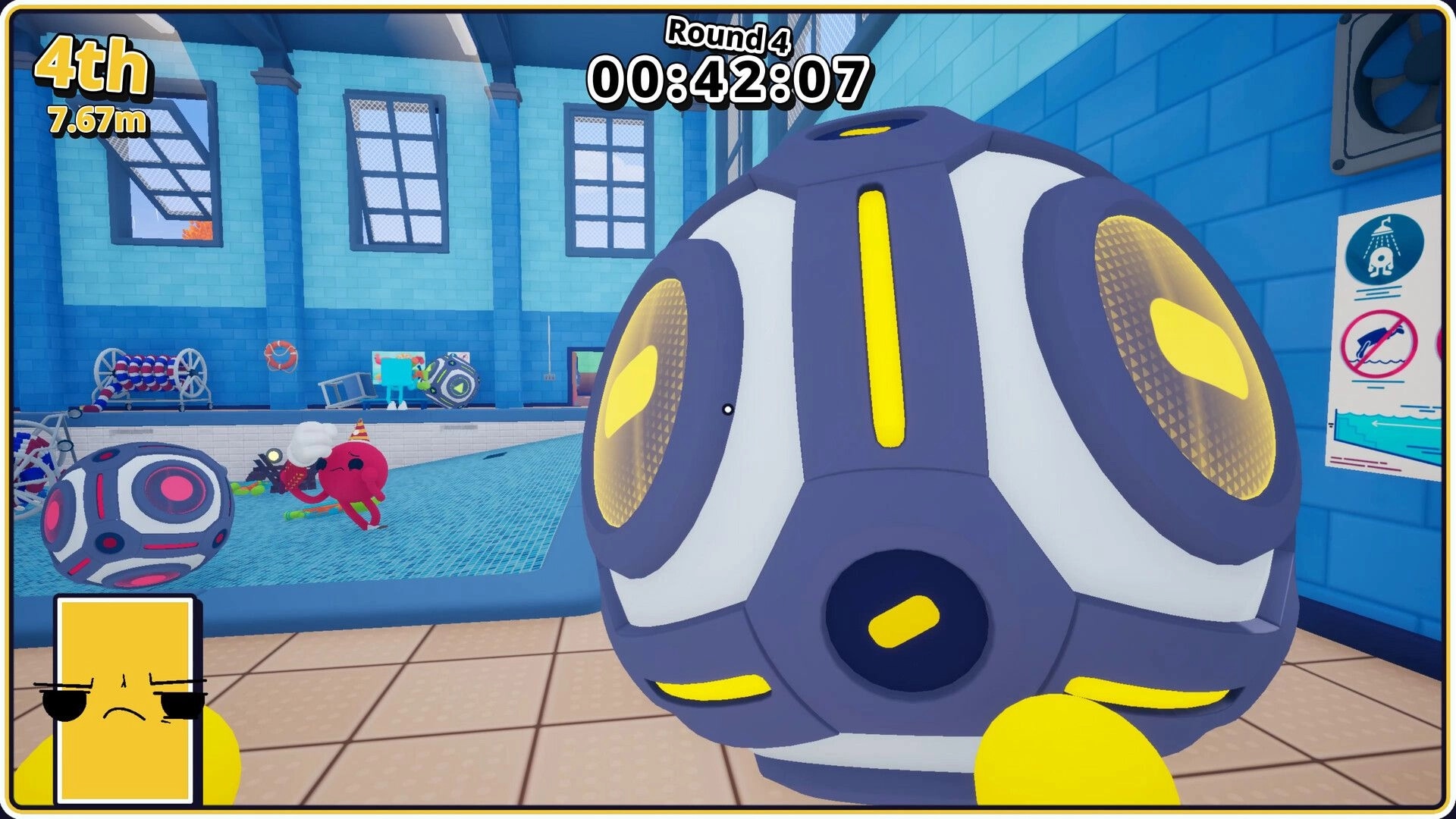 Task Time ⏰: First-person view holding a sci-fi ball in an indoor pool arena with round timer UI.