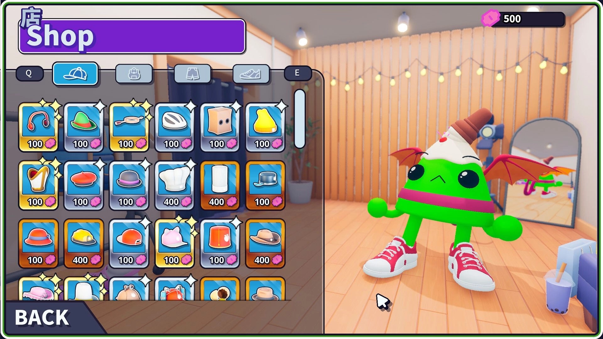 Task Time ⏰: Shop menu with hat items and prices, green character preview in dressing room set.