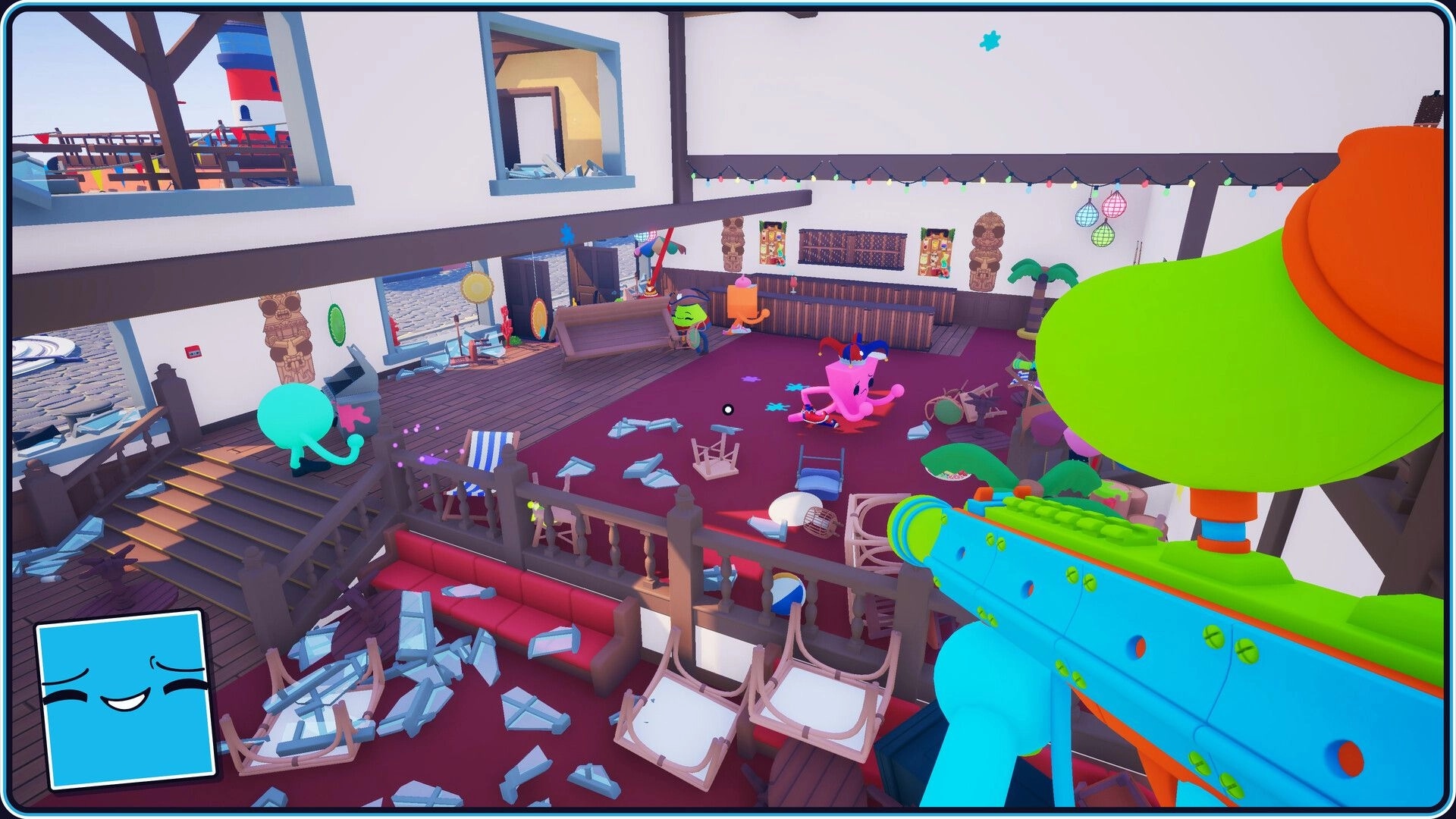 Task Time ⏰: First-person blaster aimed at goofy players in a messy bar lounge with debris and lights.