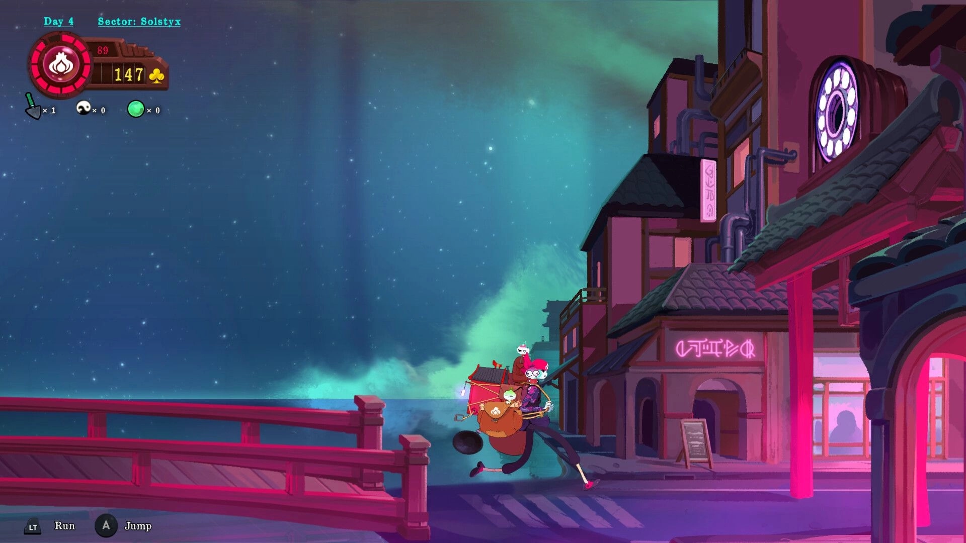 Taste Of Heaven: Character running with cooking gear on a bridge under a starry sky in Solstyx sector