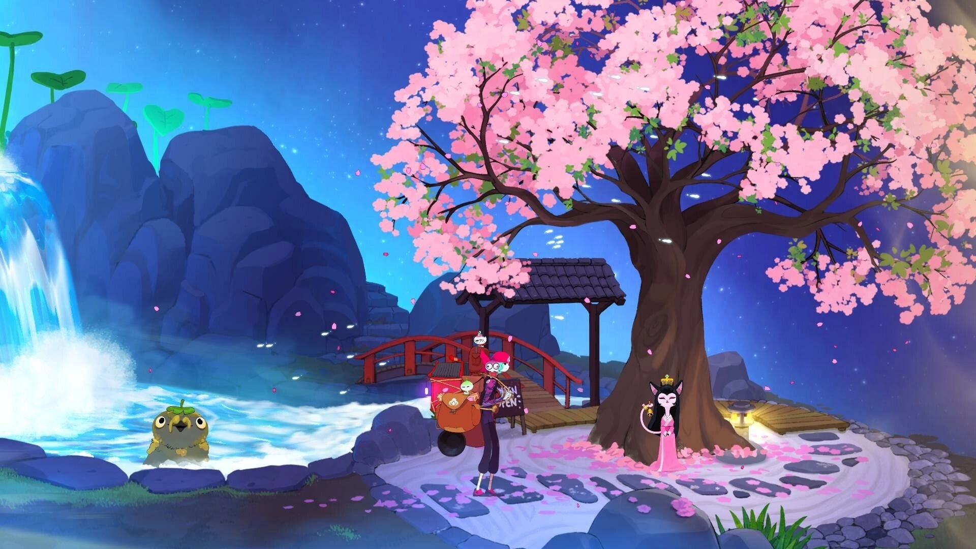 Taste Of Heaven: Character under cherry blossom tree by a bridge, with waterfall and cat character nearby