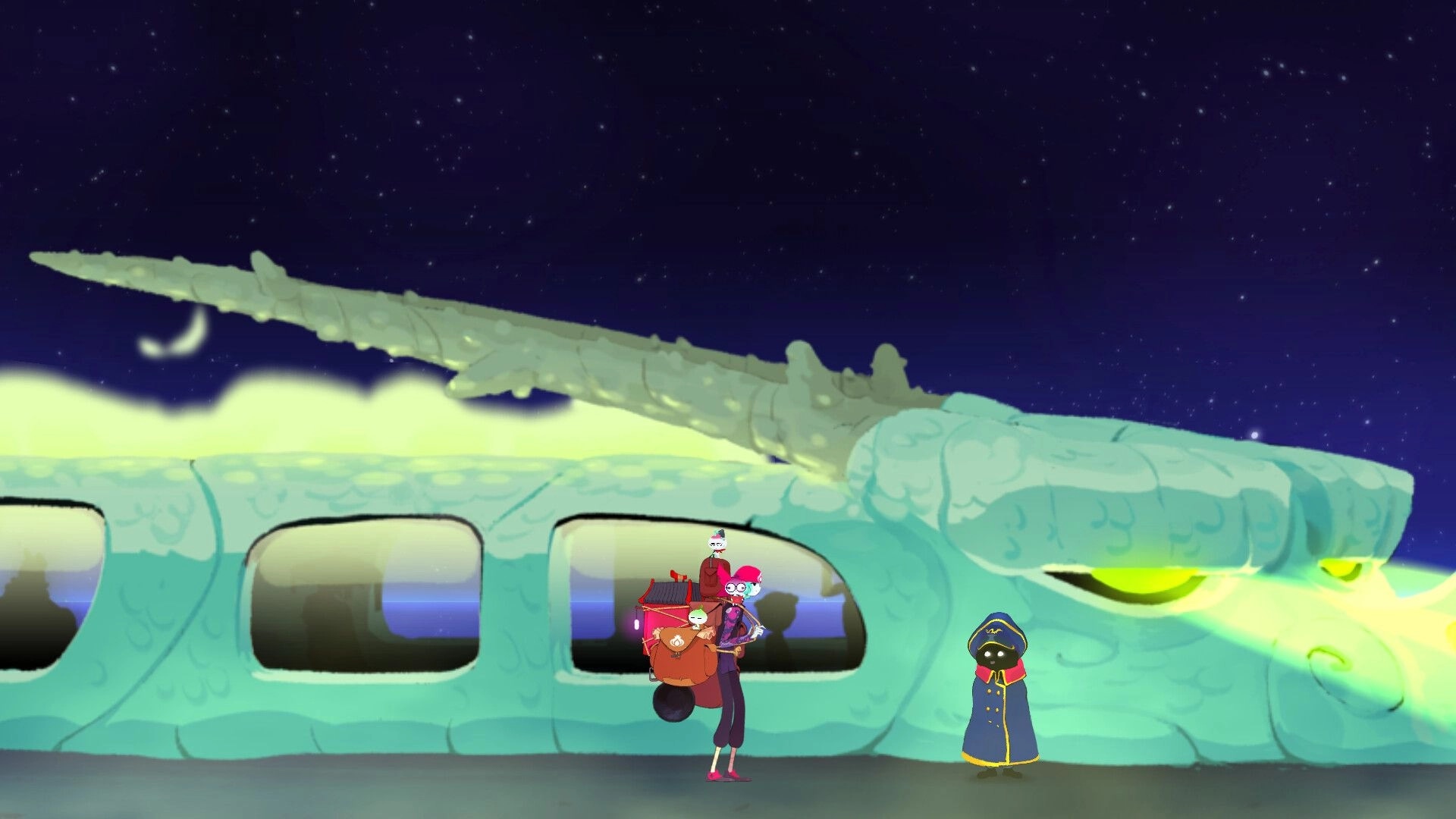 Taste Of Heaven: Character with backpack stands near dragon train under starry sky