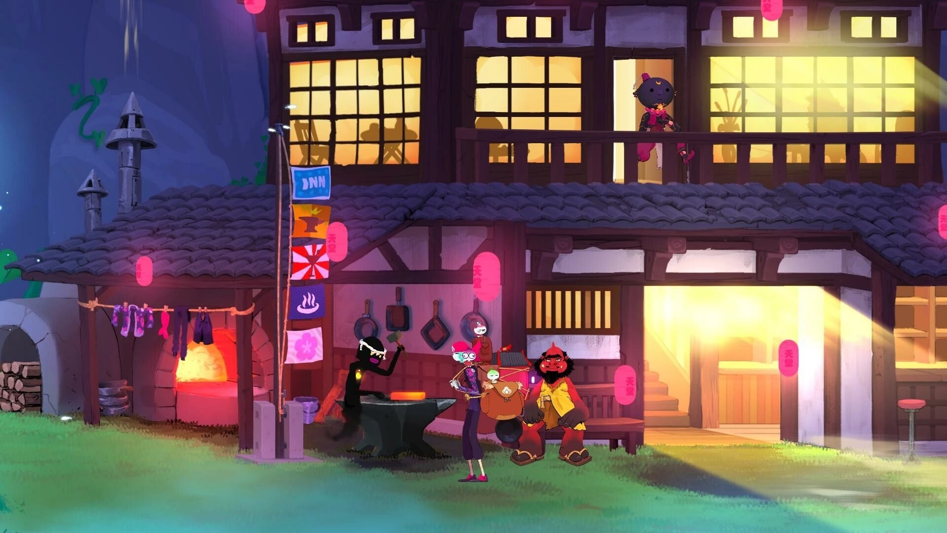 Taste Of Heaven: Characters gather at a vibrant inn with glowing lanterns and a bustling outdoor forge.