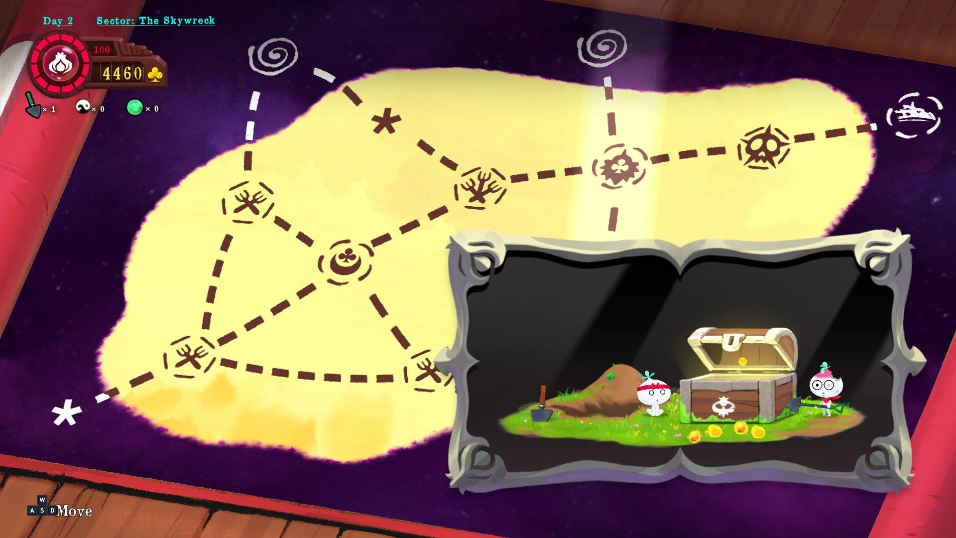 Taste Of Heaven: Map navigation with dotted paths and a treasure chest scene in The Skywreck sector.