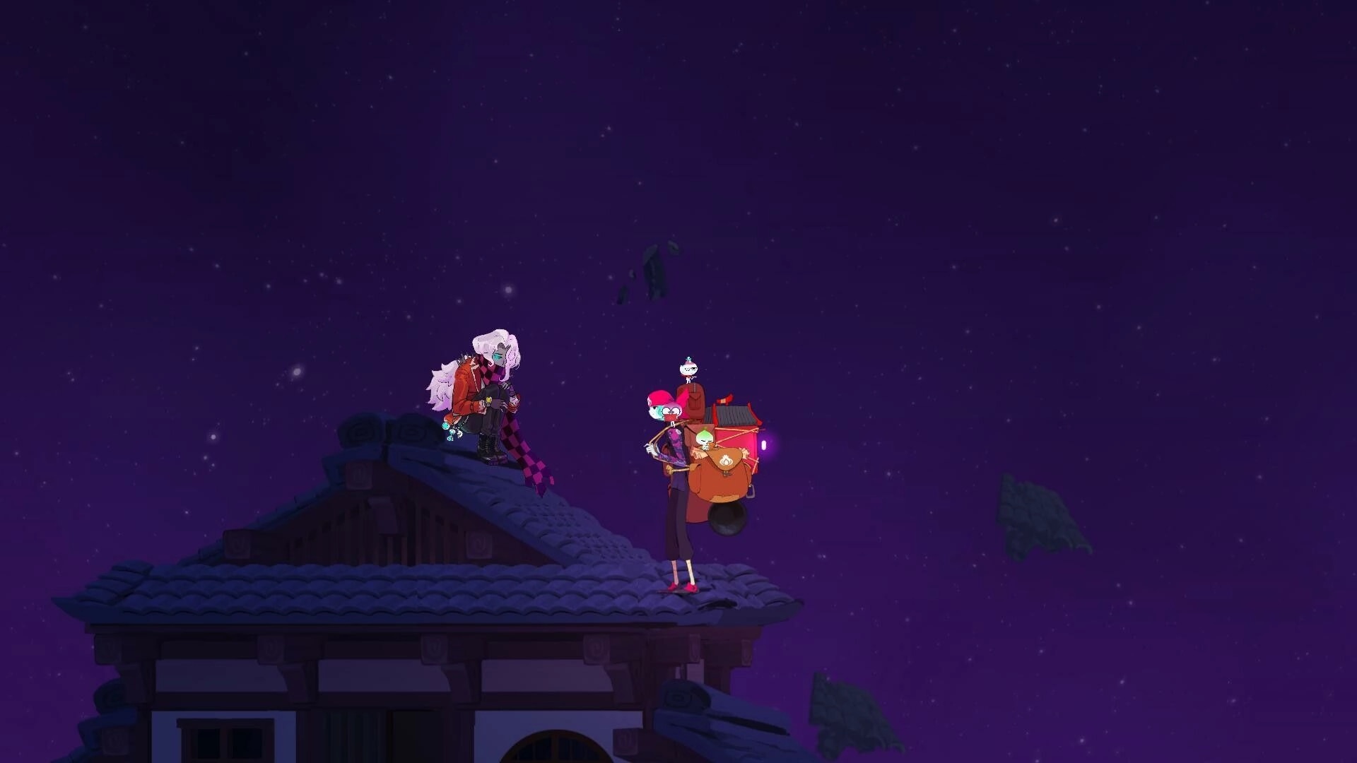 Taste Of Heaven: Two characters conversing on a rooftop under a starry night sky with floating islands.