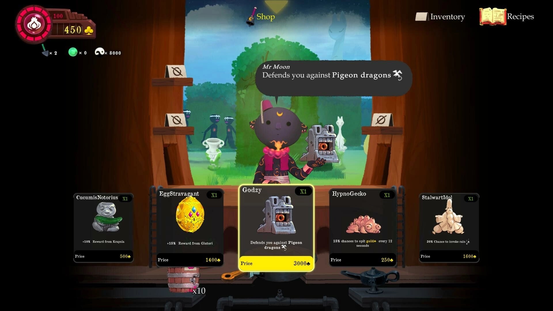 Taste Of Heaven: Shop interface with Mr. Moon showcasing Godzy item against forest backdrop