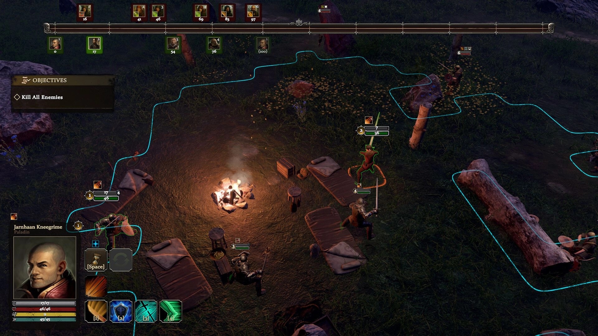 Tattered Banners: Jarnhaan Kneegriime confronts enemies around campfire in forest clearing battle