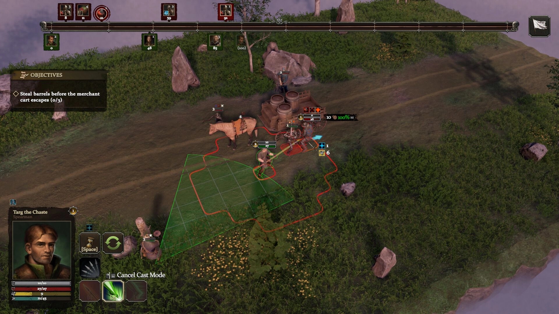 Tattered Banners: Targ the Chaste engages enemies on a forest path to steal barrels before escape
