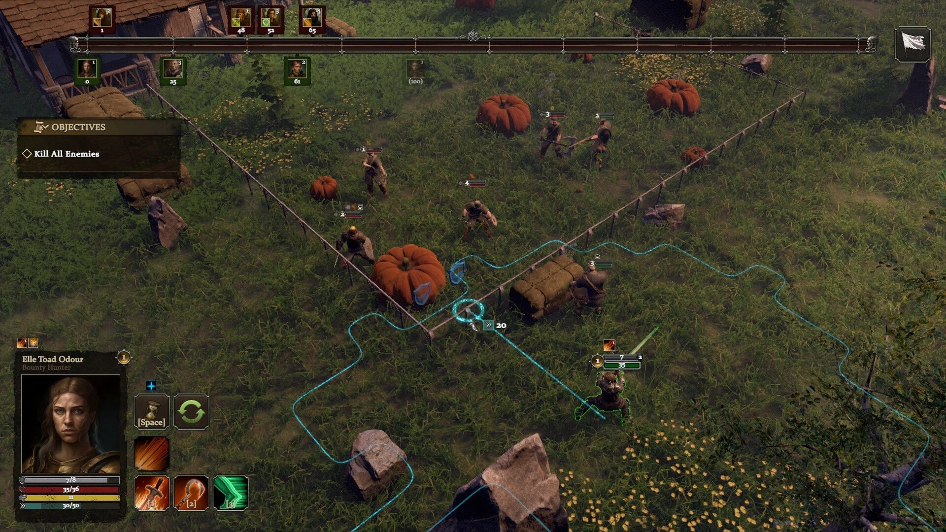 Tattered Banners: Turn-based combat with Elle Toad Odour in a grassy field surrounded by pumpkins.