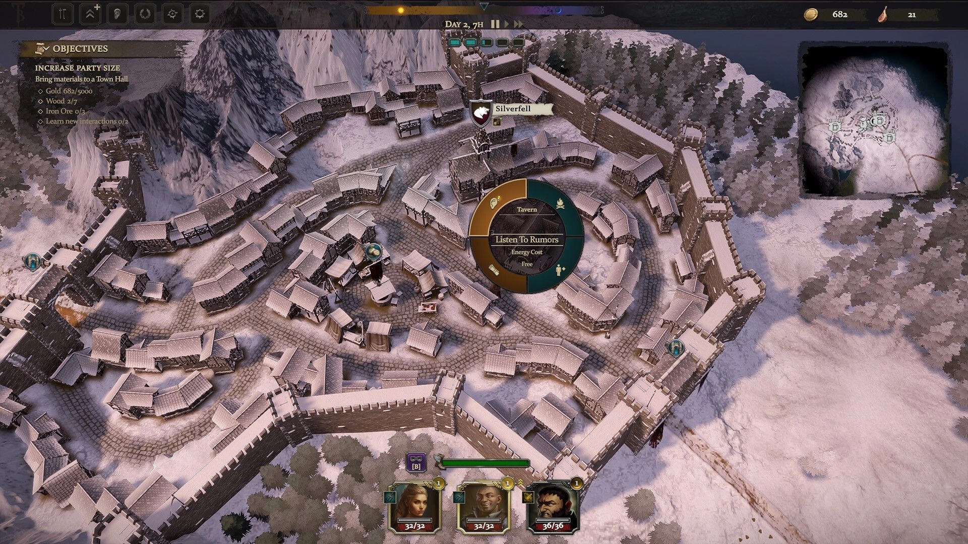 Tattered Banners: Overhead view of Silverfell with objectives and character portraits visible in snow.