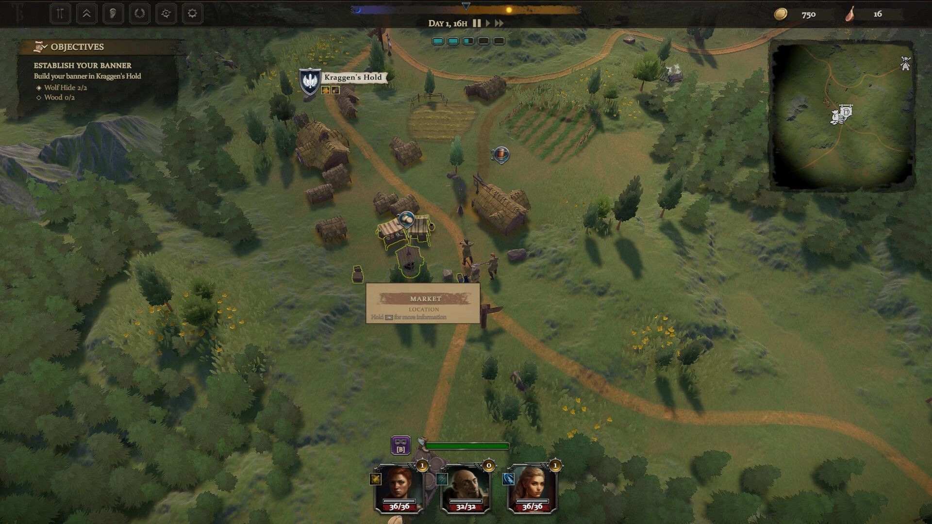 Tattered Banners: Village overview with objectives panel and character portraits at Kraggen's Hold location