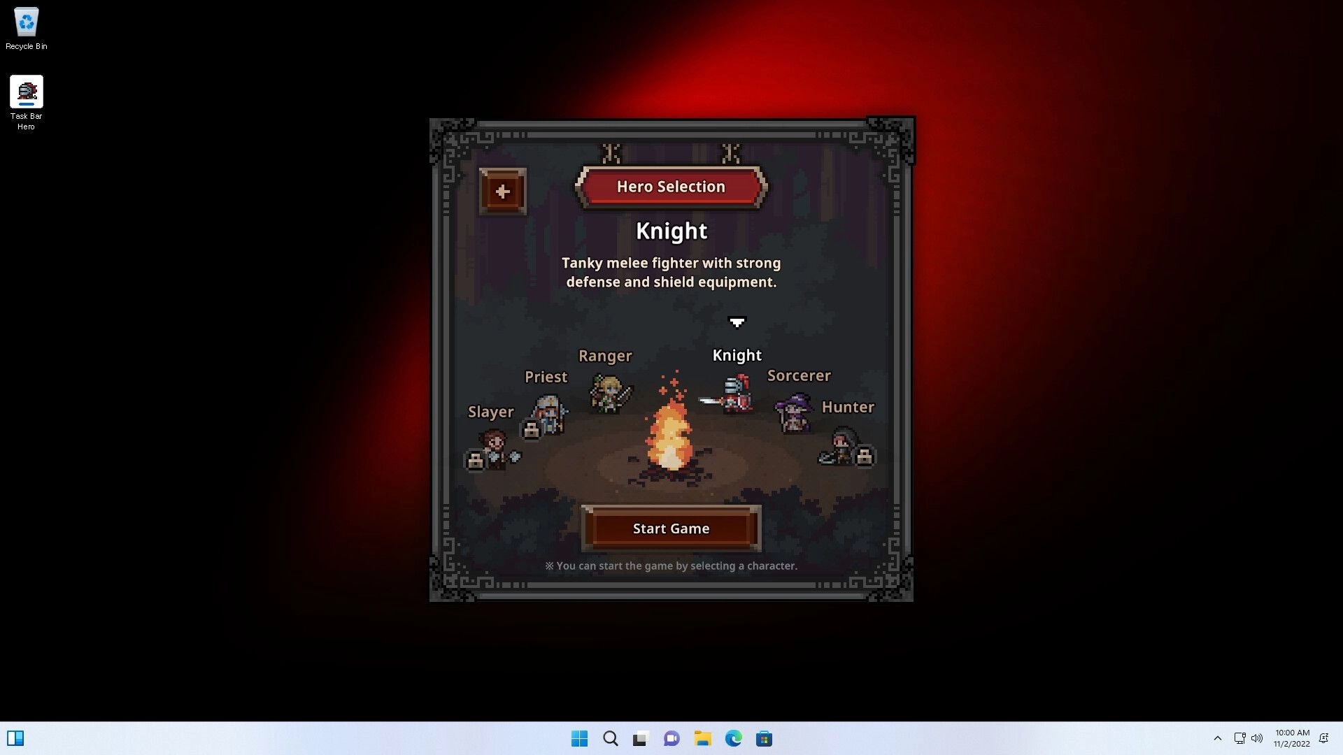 TBH: Hero Selection menu highlighting Knight class with pixel heroes around campfire on desktop.
