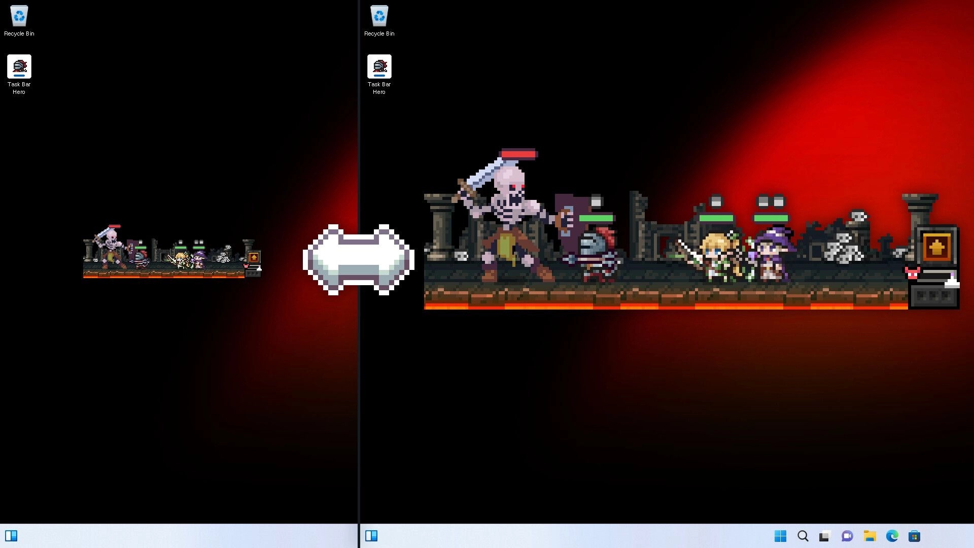 TBH: Party battles a giant skeleton with health bars on a tiny dungeon platform above the taskbar.