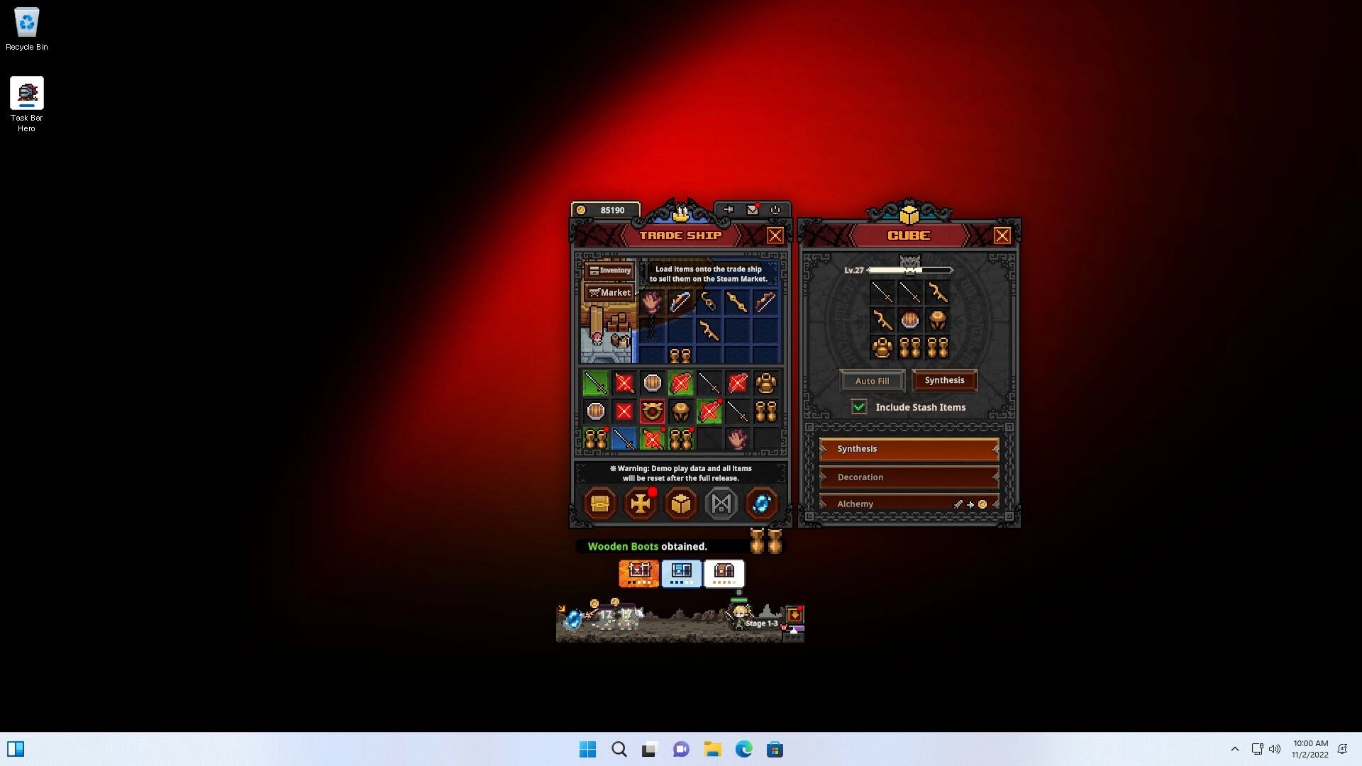 TBH: Trade Ship inventory and Cube synthesis menus open over desktop with tiny taskbar dungeon scene.