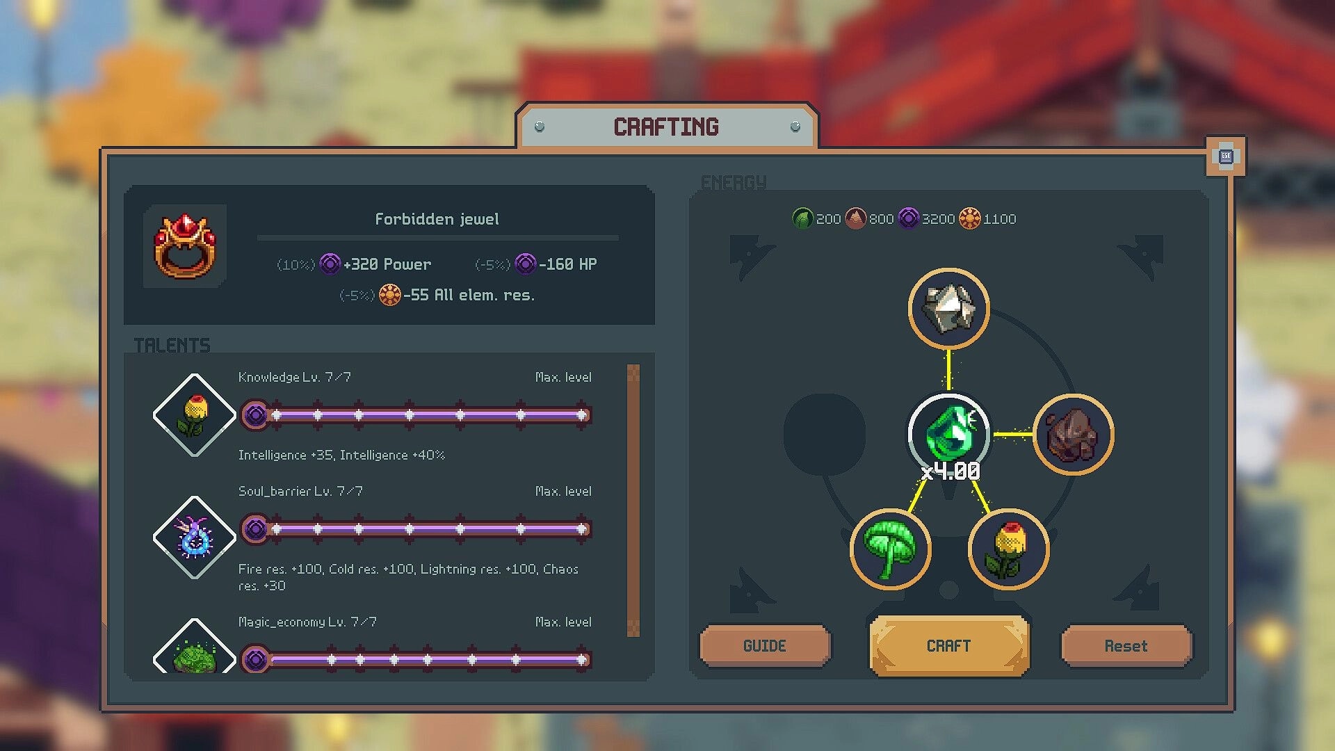 Teamcrafter: Crafting menu with talents, Forbidden Jewel stats, and crafting materials displayed