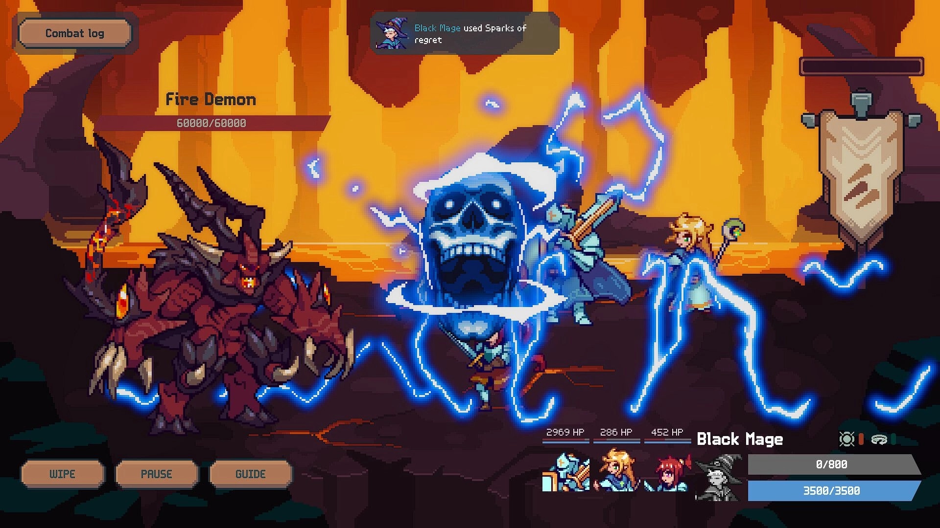 Teamcrafter: Battle against Fire Demon with Black Mage casting spell in fiery underground cavern