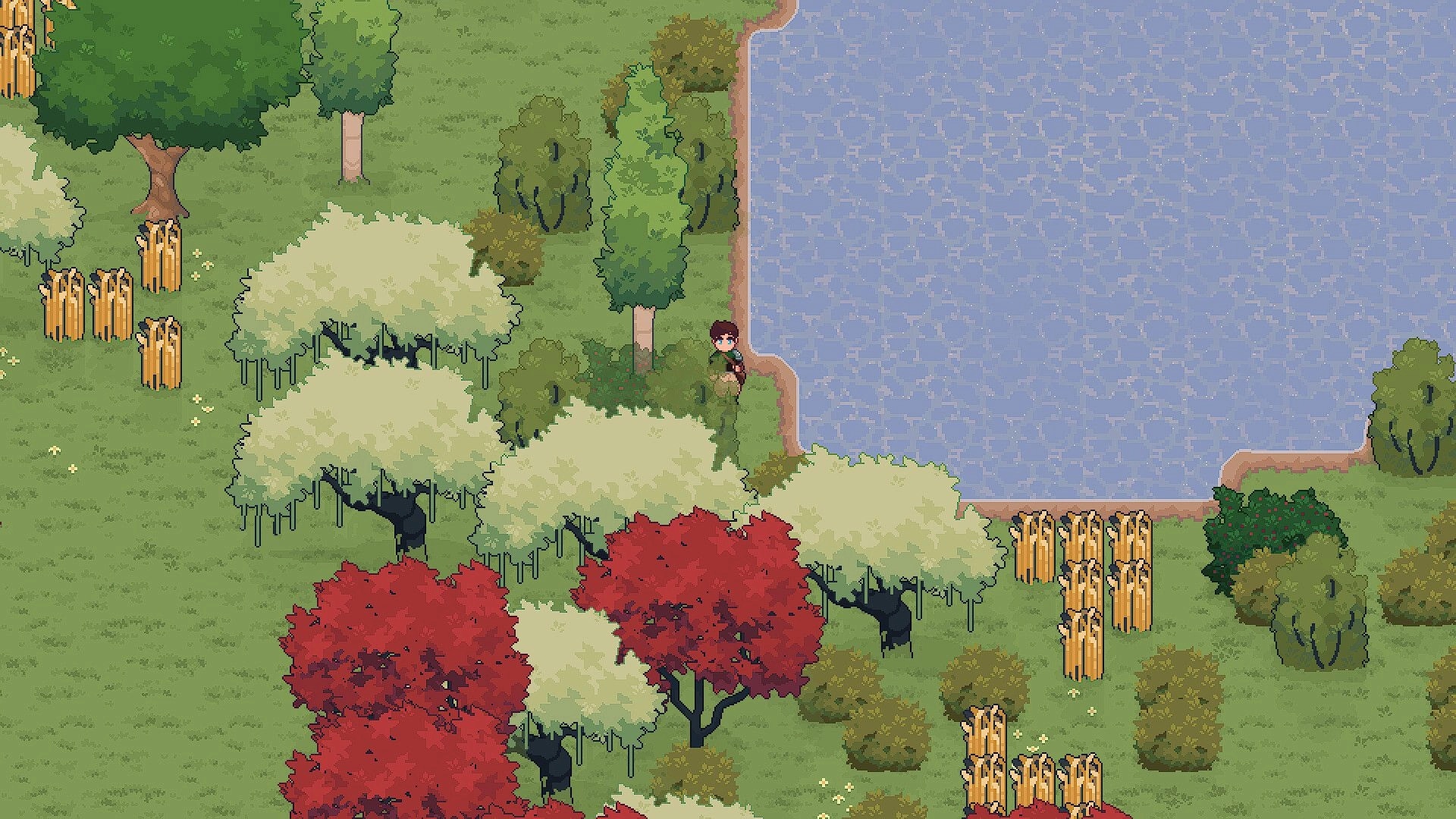 Teamcrafter: Character exploring lush forest near a tranquil lake surrounded by colorful trees